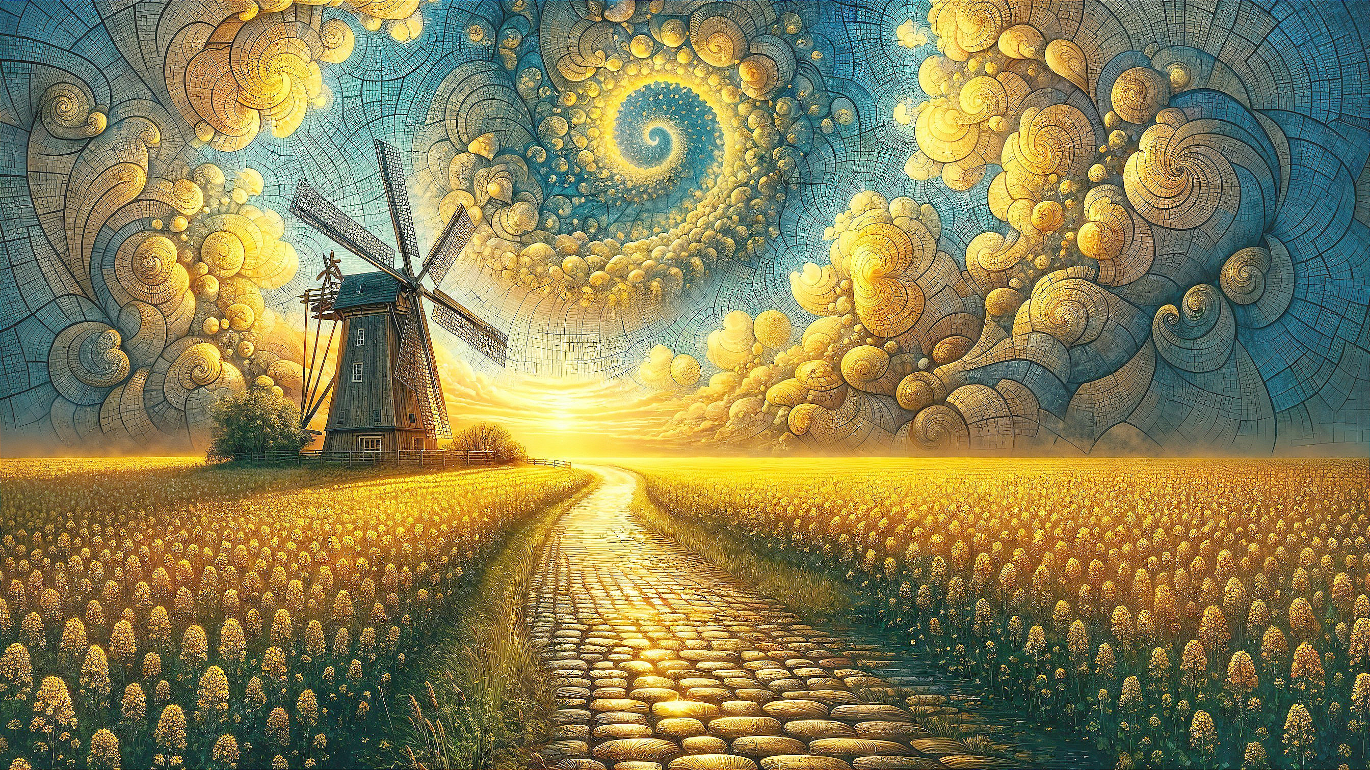Winding Path Through Golden Fields and Sky