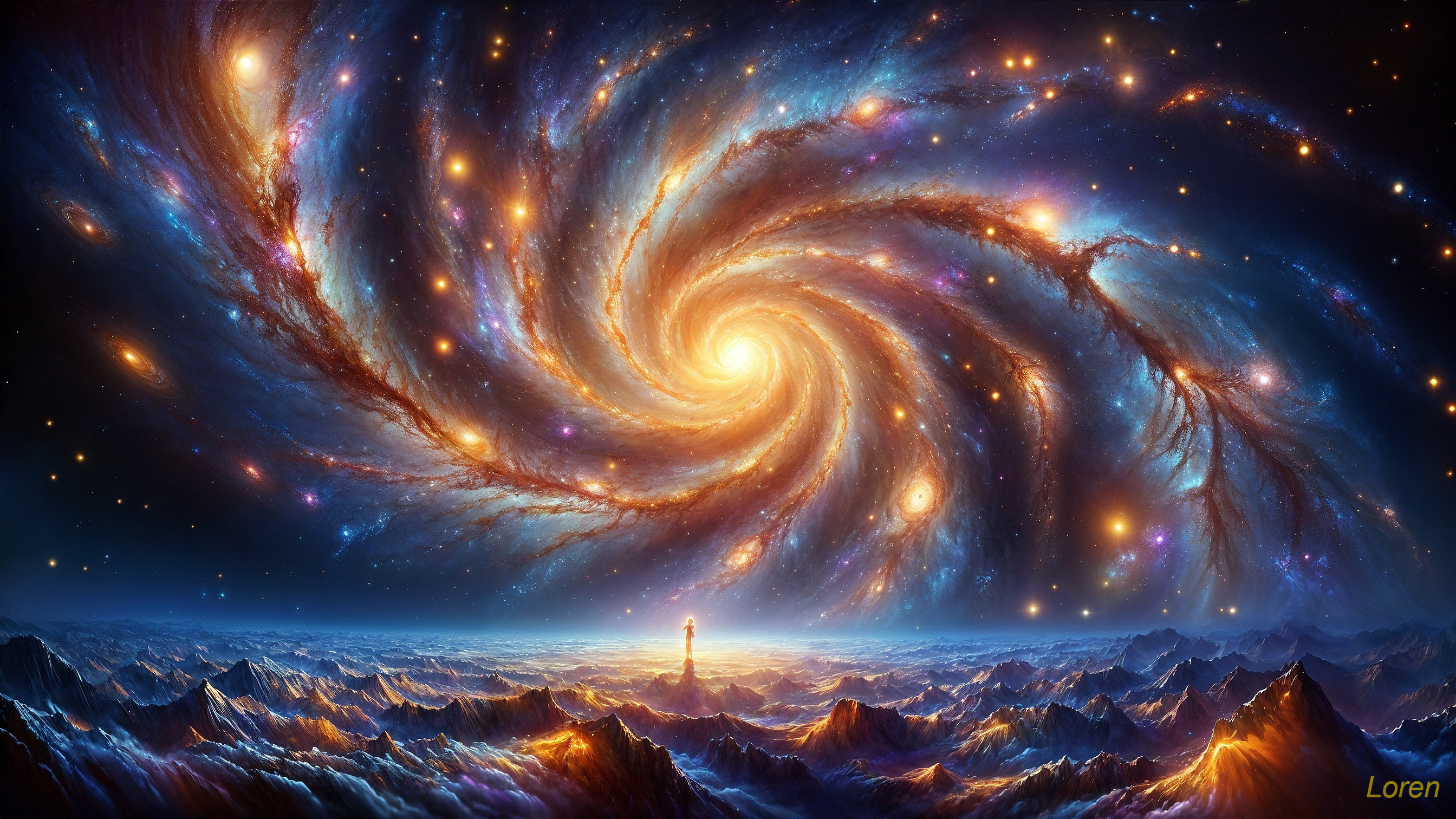 Swirling Galaxy Over Jagged Mountain Peaks Scene