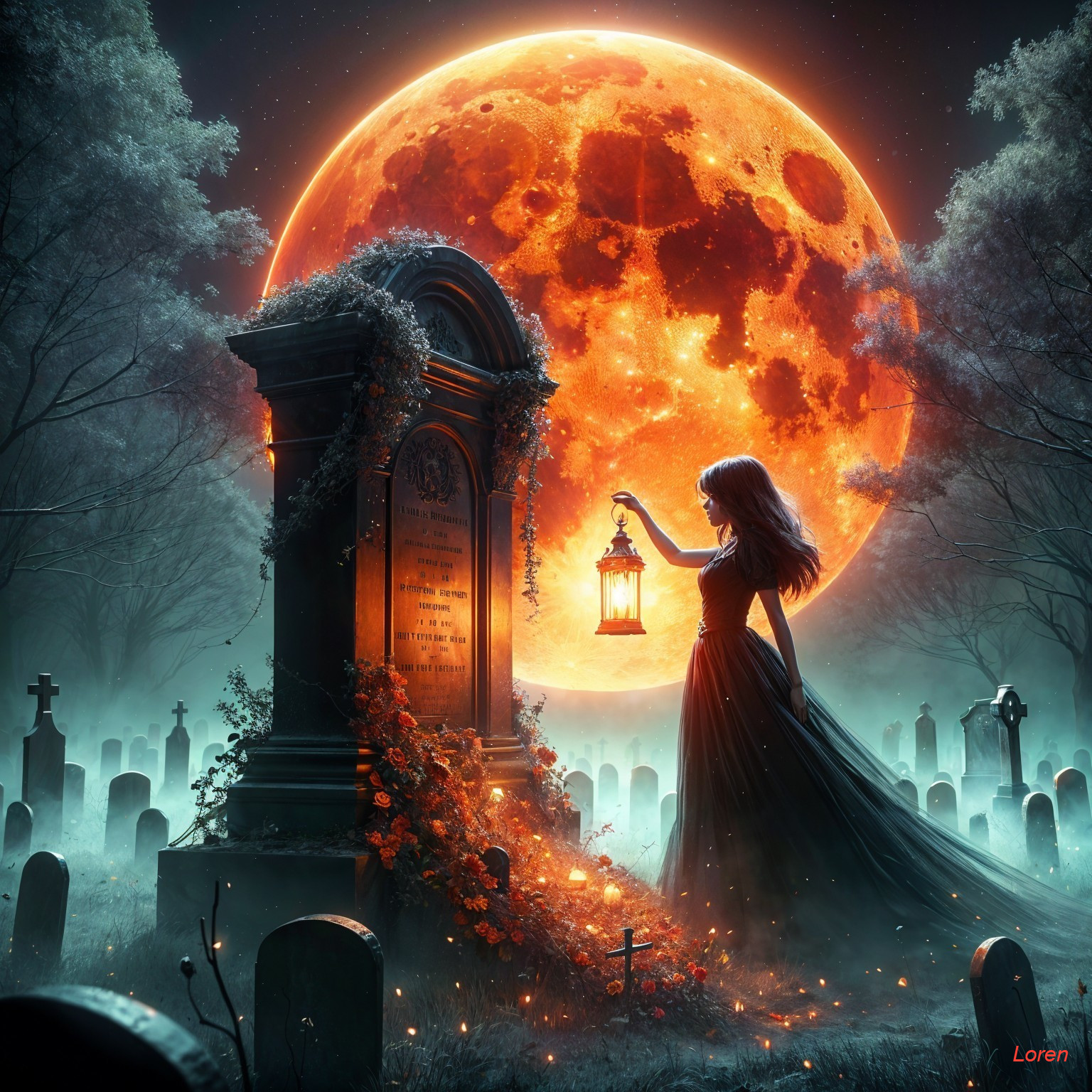 Mysterious figure in dark gown at moonlit graveyard