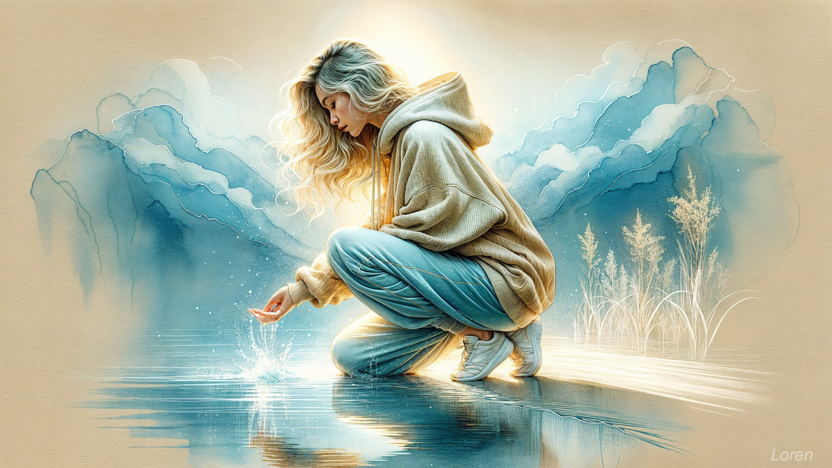 Young Woman by Tranquil Lake with Misty Mountains