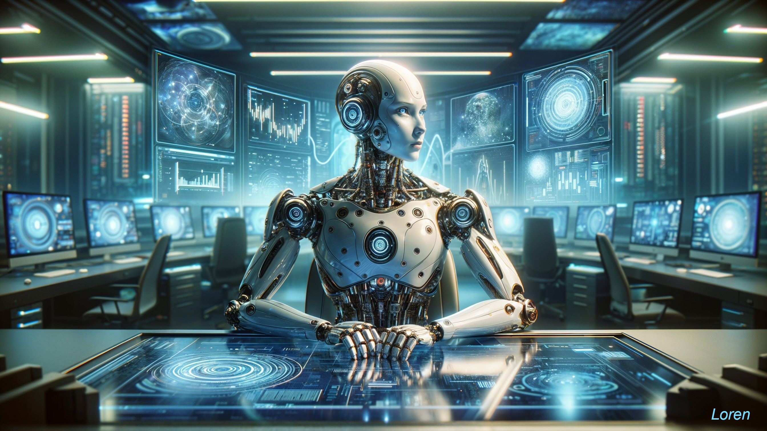 Futuristic Robot in High-Tech Control Room with Holograms