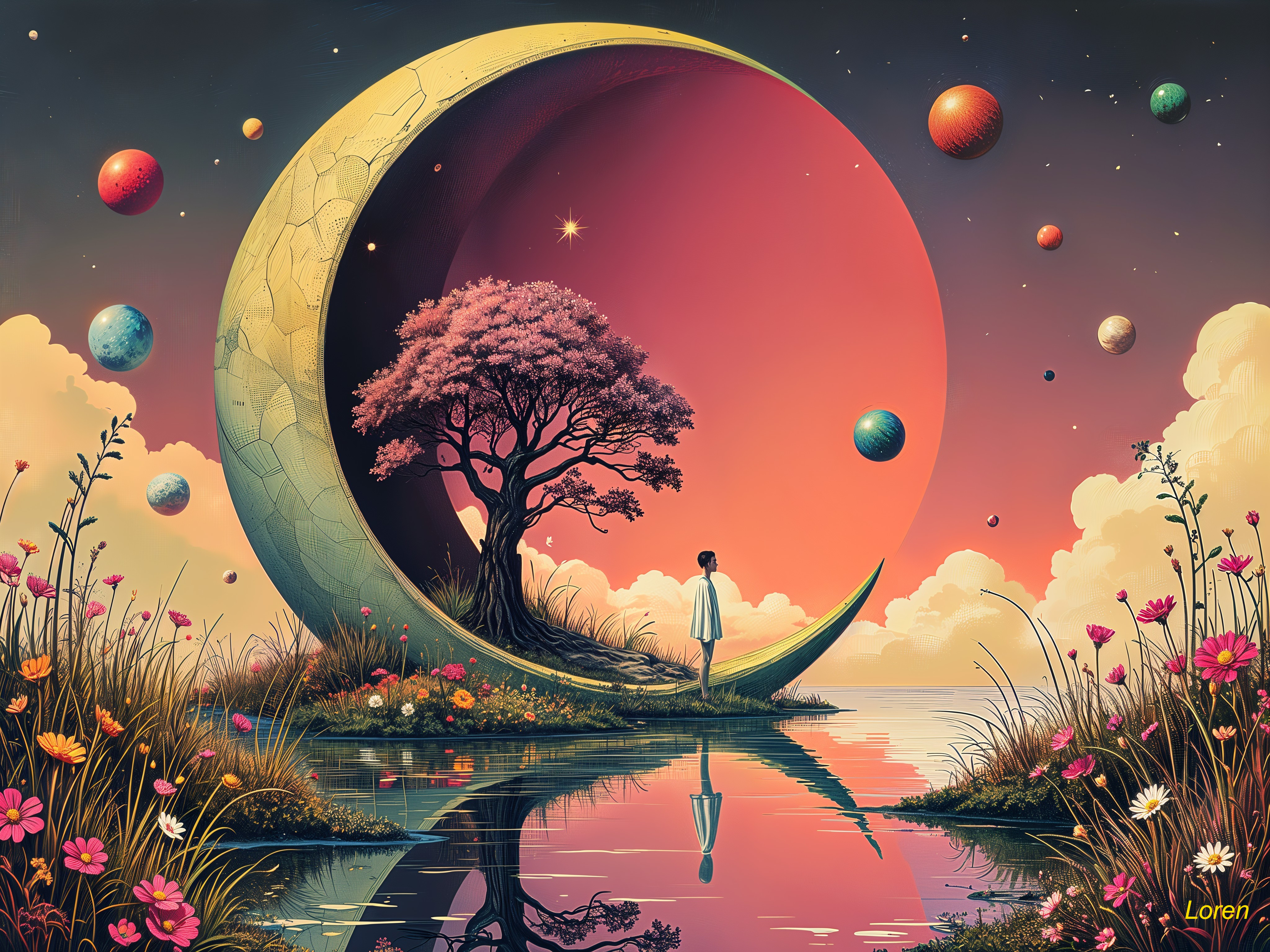 Crescent Moon and Vibrant Tree by Reflective Lake