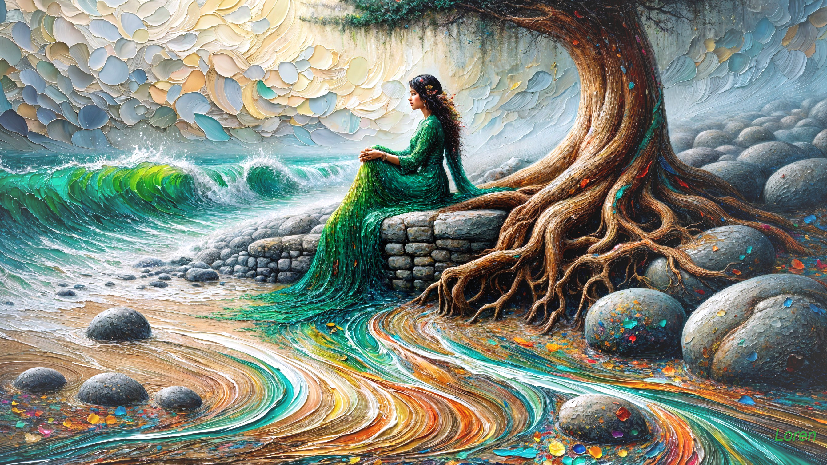 Serene Beach Scene with Woman in Green Gown