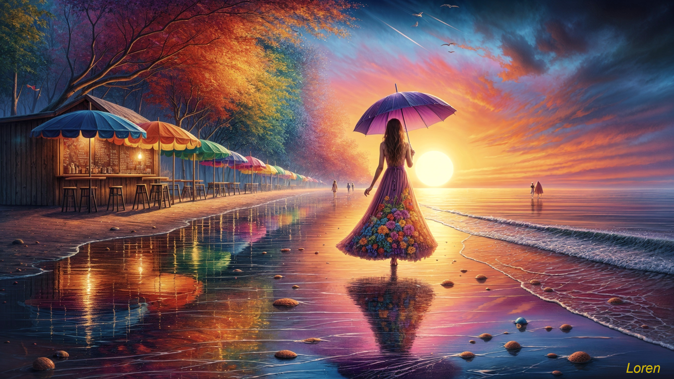 Serene Beach Scene at Sunset with Colorful Umbrellas