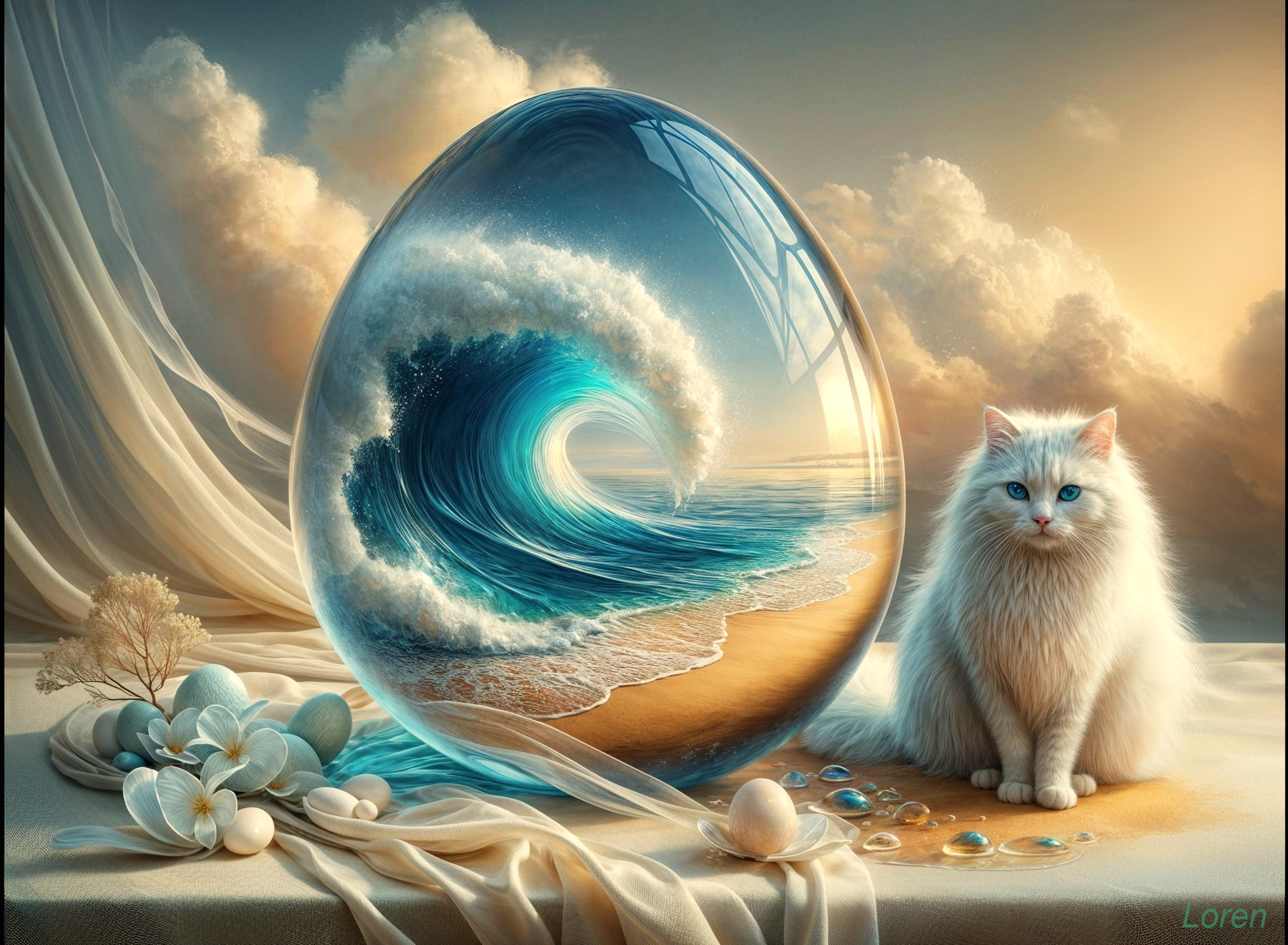 Fluffy Cat Beside Crystal Egg with Ocean Scene