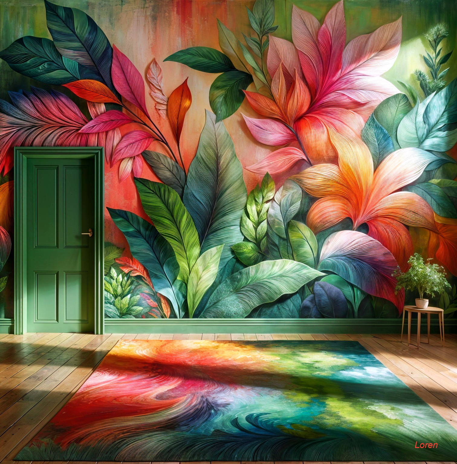 Vibrant Indoor Space with Tropical Mural and Decor