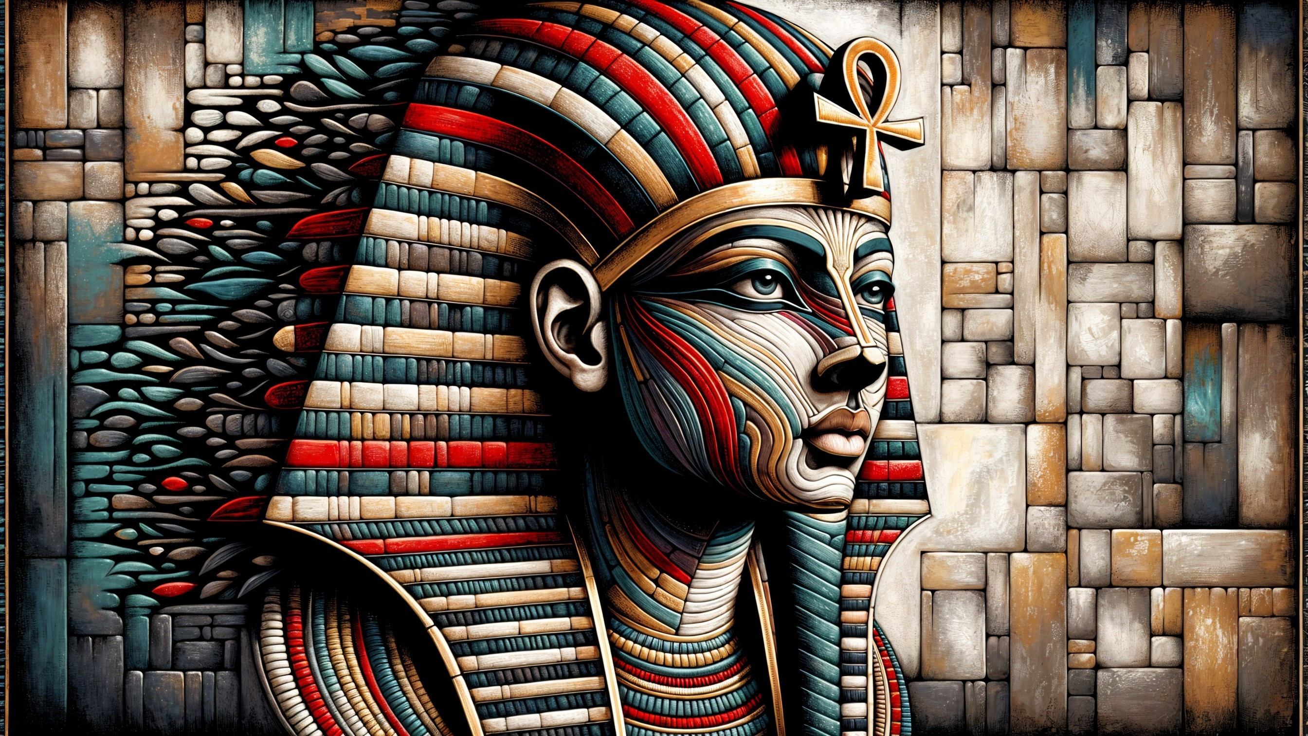 Vibrant Stylized Depiction of a Pharaoh with Ankh