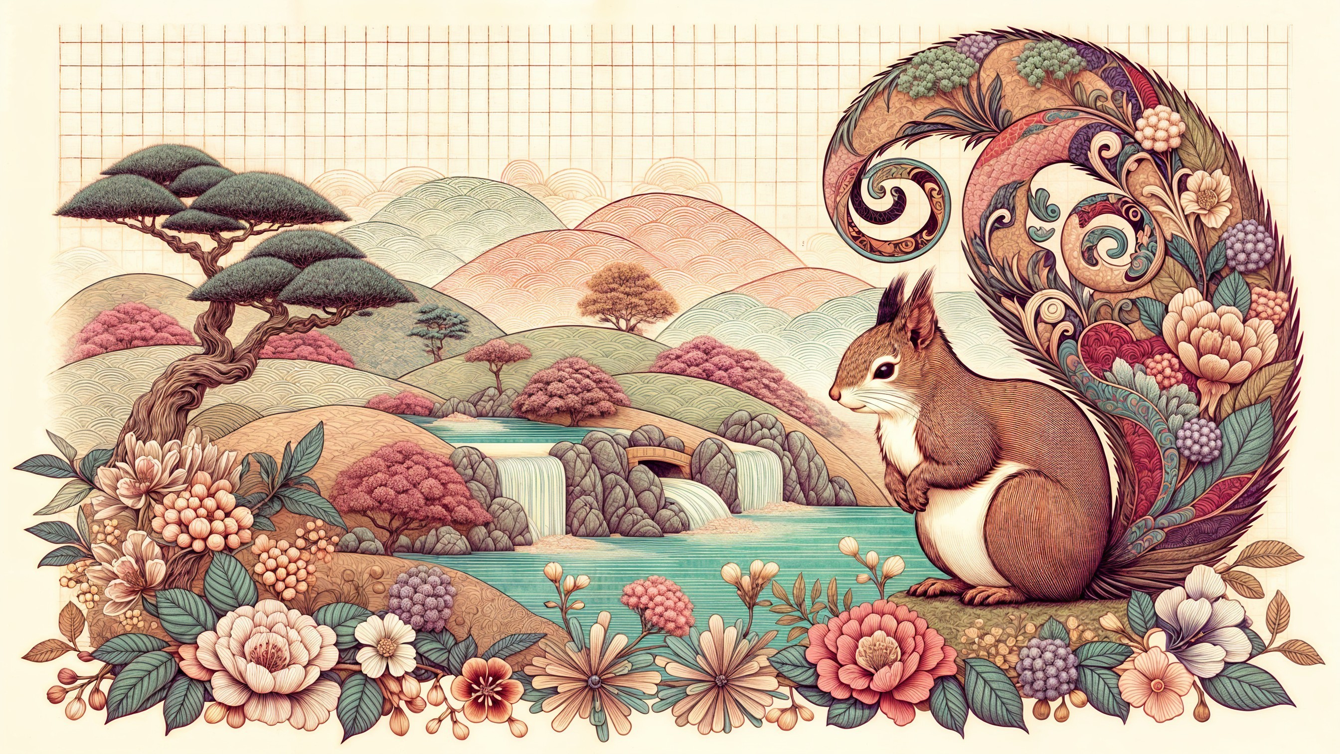 Whimsical Landscape with Waterfall and Vibrant Flora