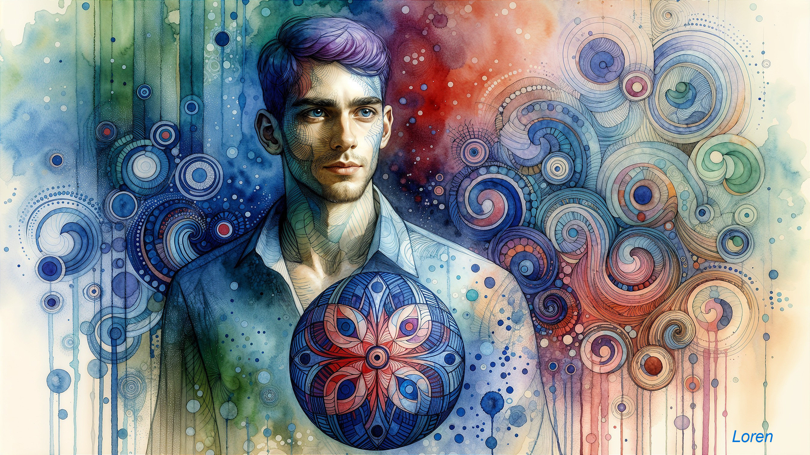 Man Surrounded by Vibrant Abstract Patterns in Watercolor