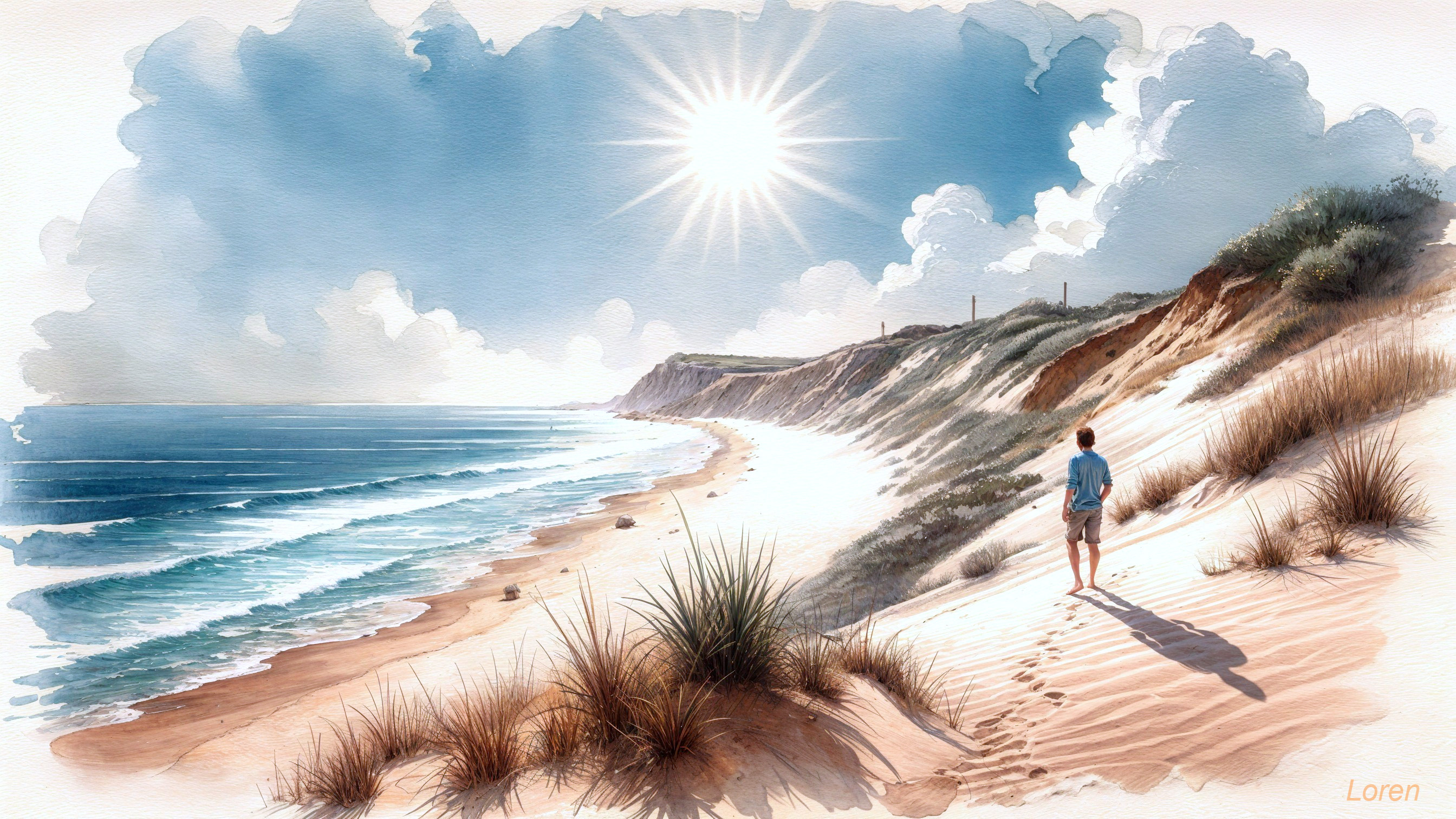 Serene Beachscape with Waves and Dunes Under Sun