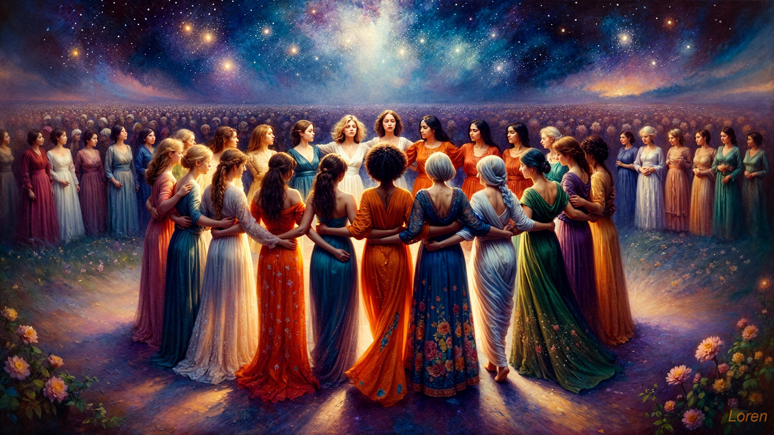 Diverse Women Embraced Under a Starry Sky