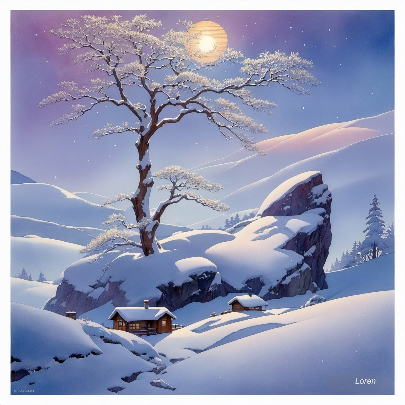 Snowy Night Winter Landscape with Full Moon and Cozy Cabin