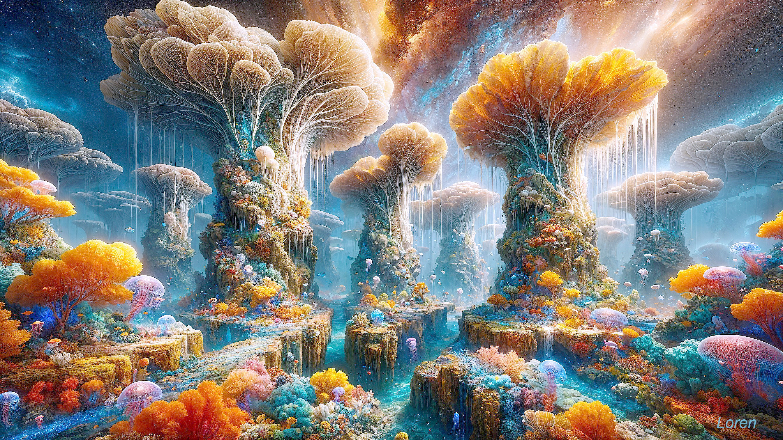 Surreal Landscape with Vibrant Mushroom Trees and Jellyfish