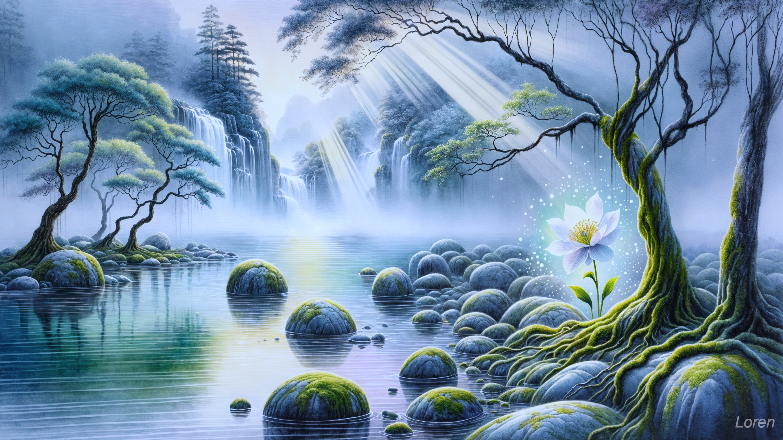 Serene Landscape with Waterfalls and Calm Lake