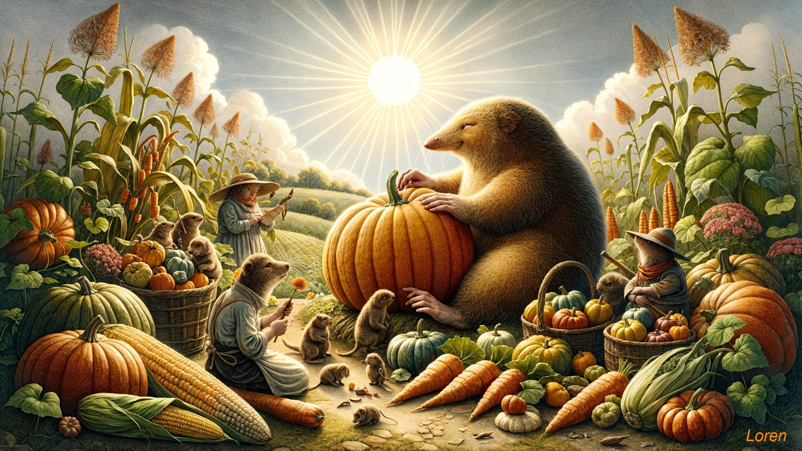 Whimsical Bear Carving Pumpkin with Charming Animals