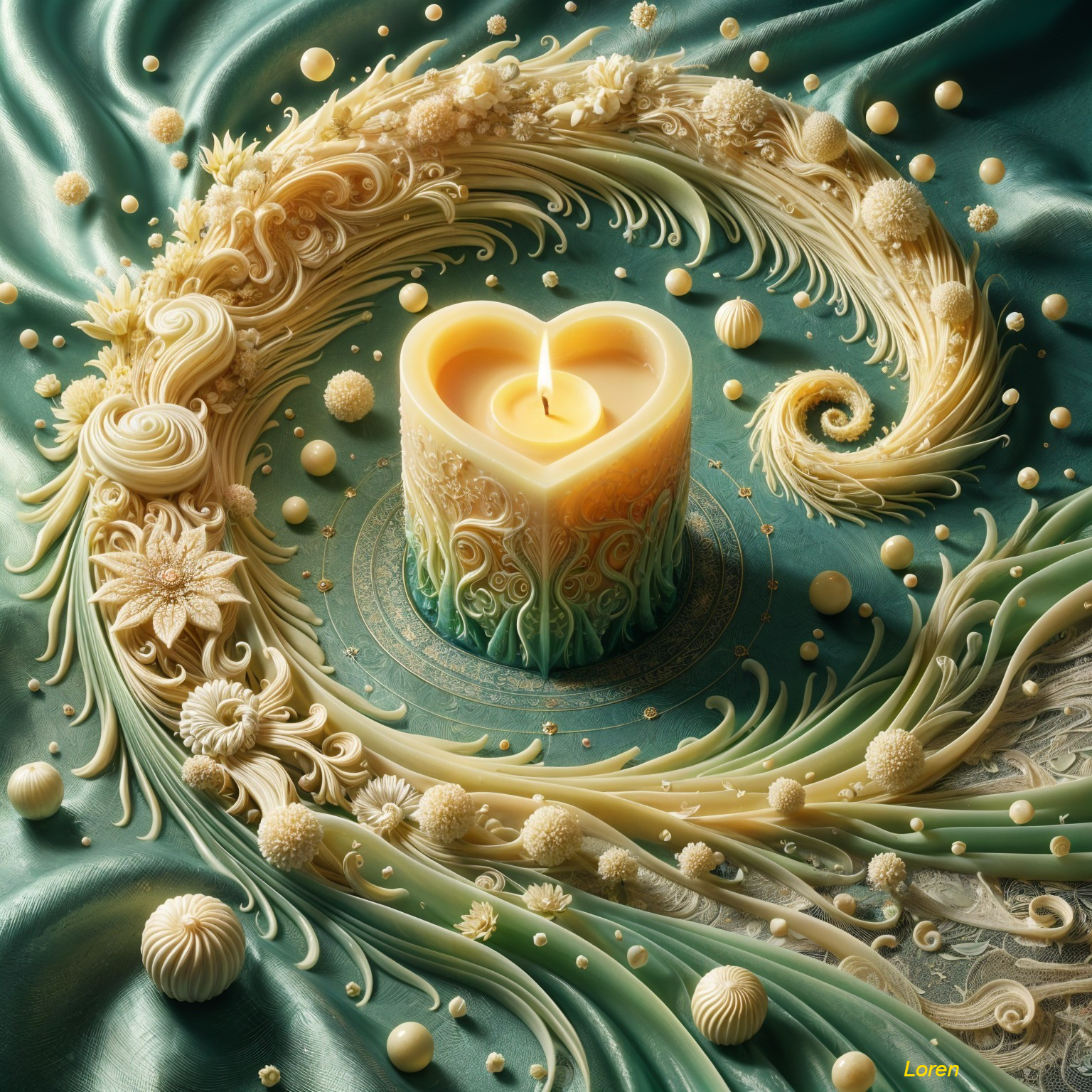 Heart-Shaped Candle Surrounded by Floral Patterns