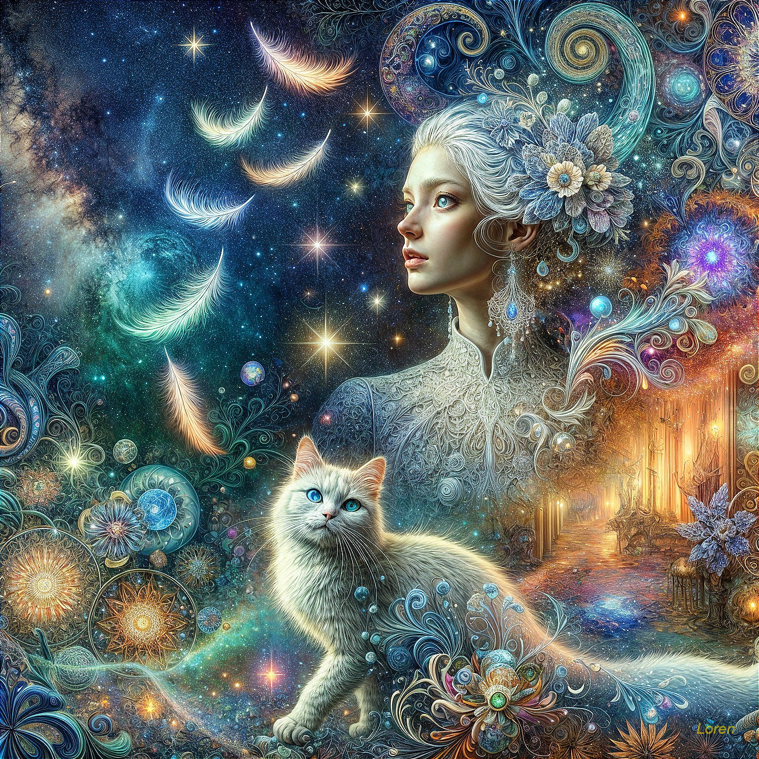 Surreal Scene of Woman with Cosmic Elements and Cat