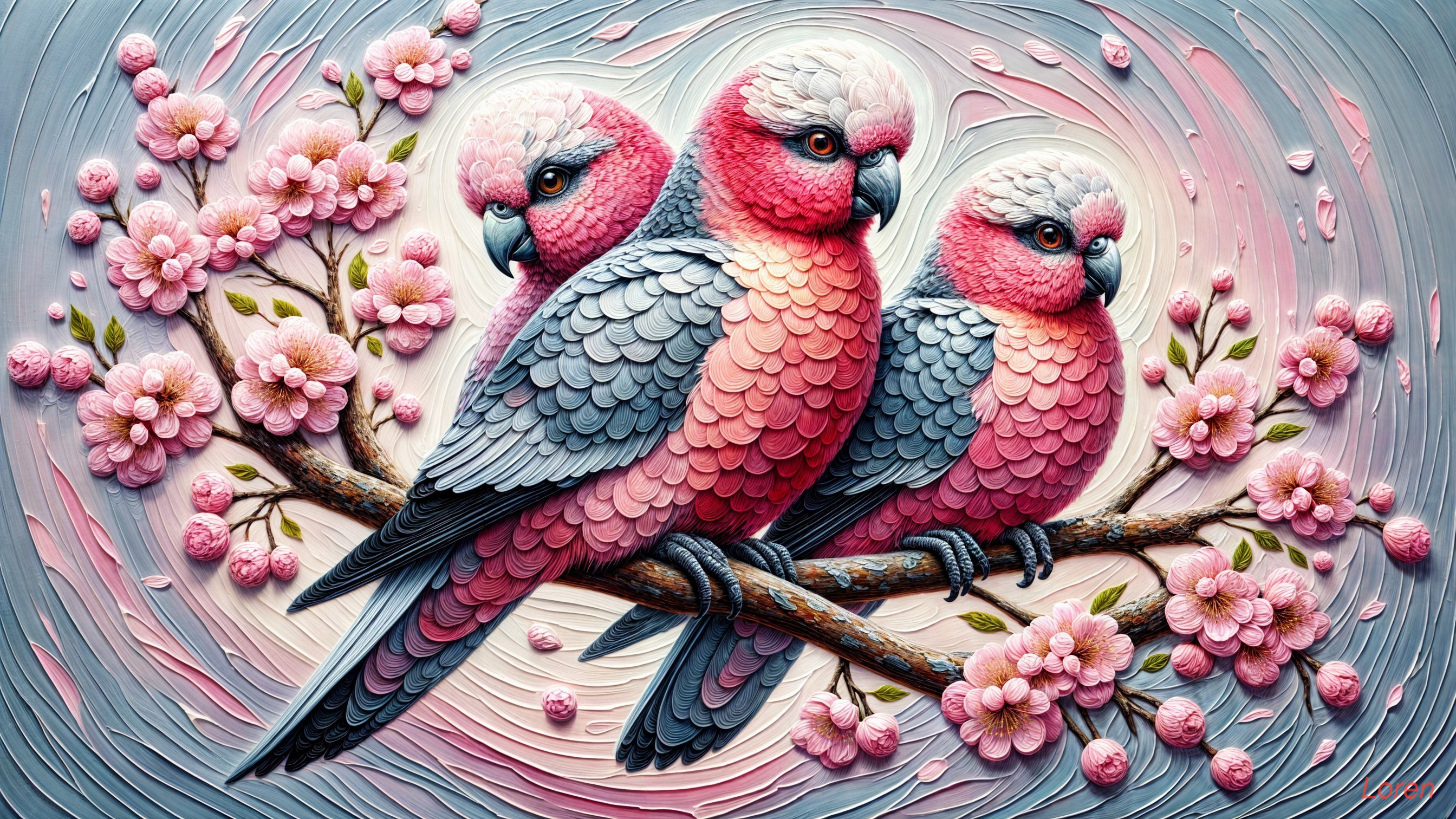 Vibrant Birds on Branch with Cherry Blossoms and Pastels