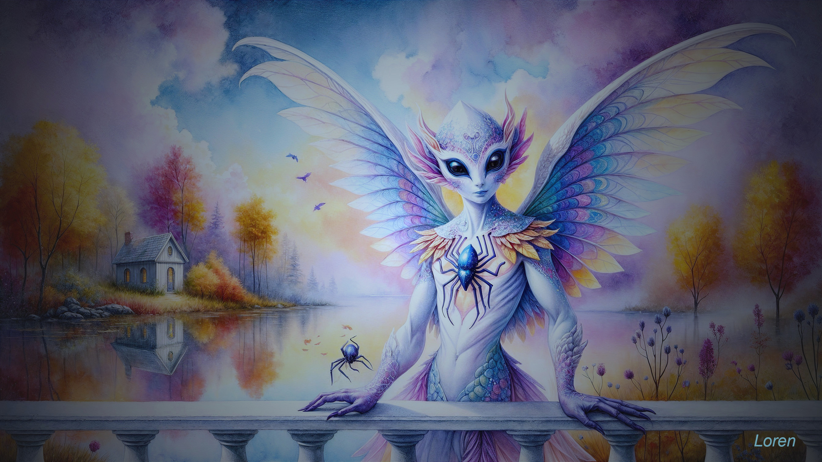 Mythical creature with colorful wings by a lakeside