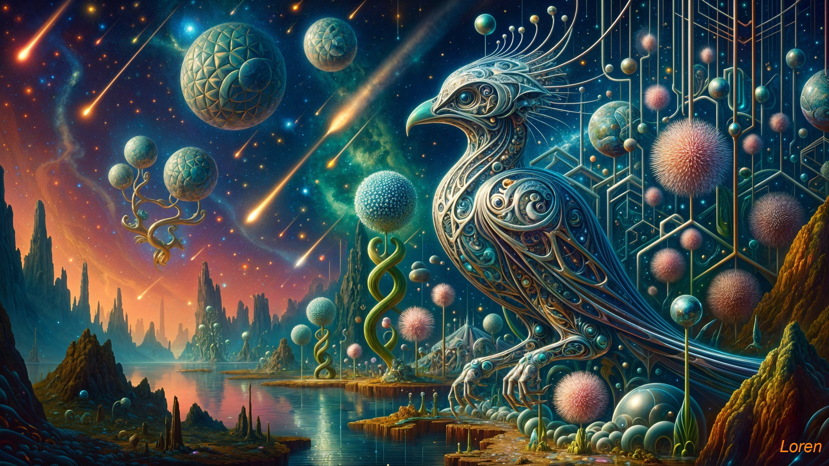 Surreal landscape with phoenix and cosmic elements