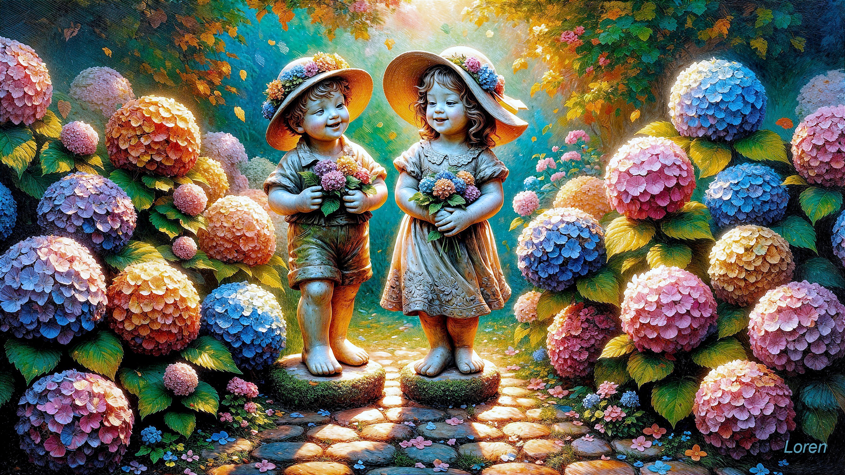 Children with Flowers in a Blooming Garden Setting