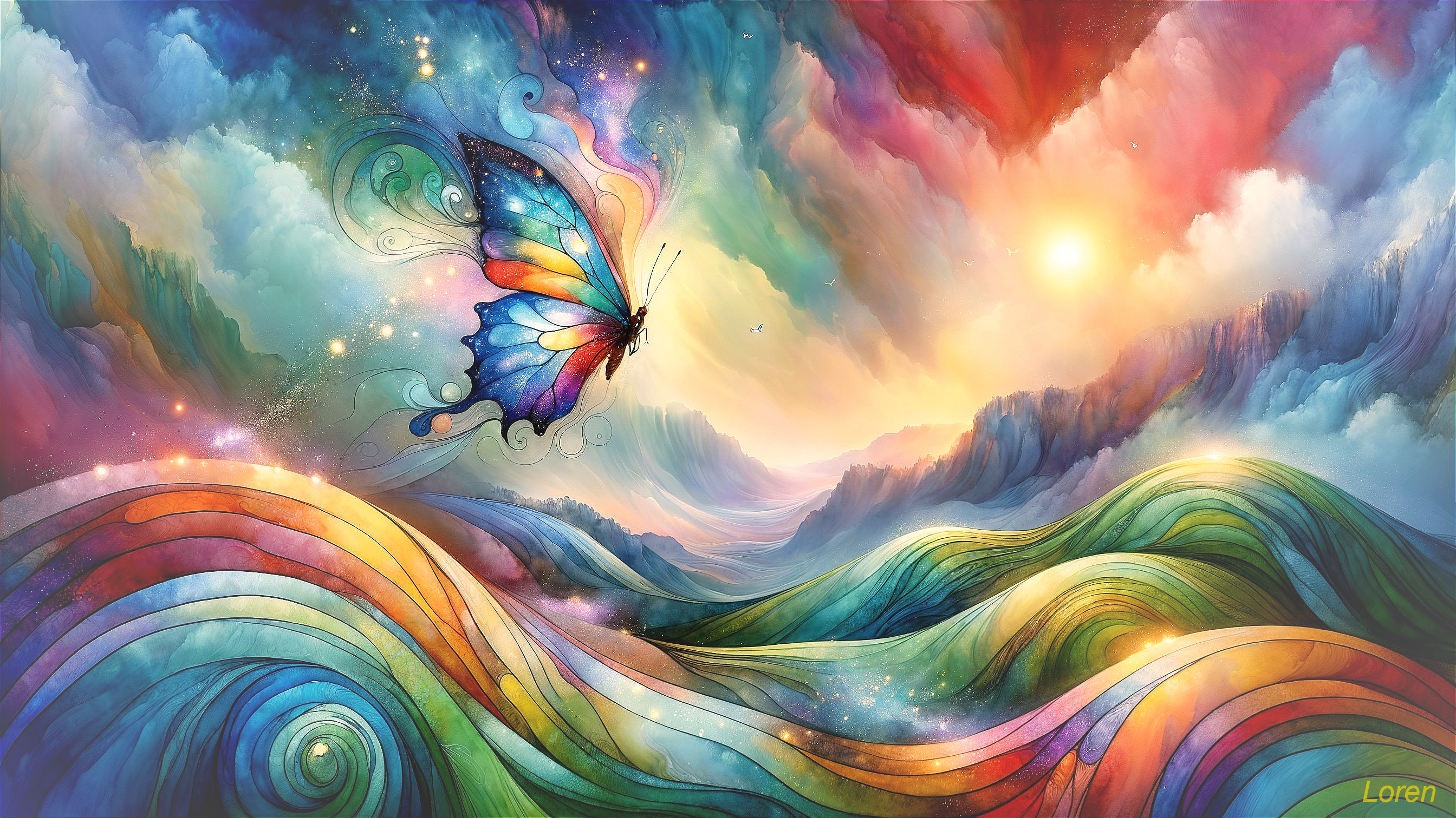 Vibrant Landscape with Rainbow Hills and Butterfly