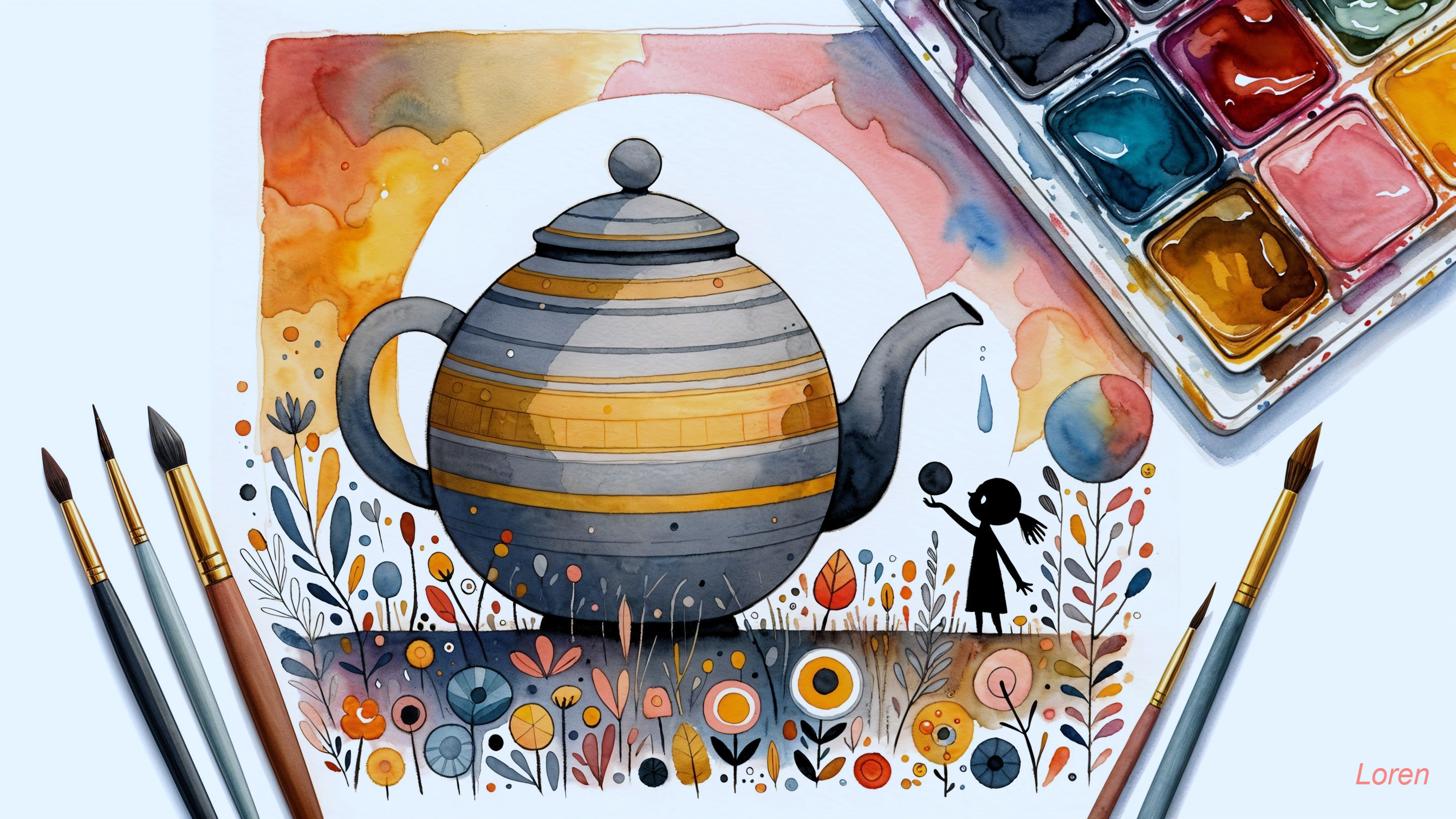 Whimsical Watercolor Scene with Striped Teapot and Flowers