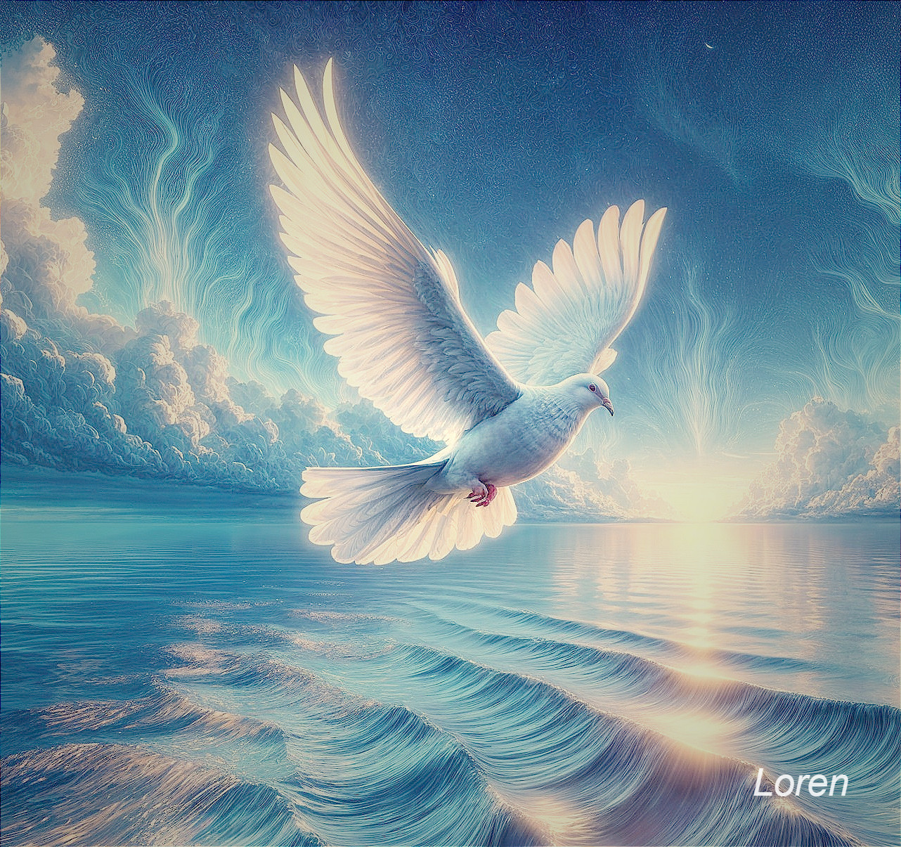 Majestic White Dove Soaring Over Calm Ocean Waves