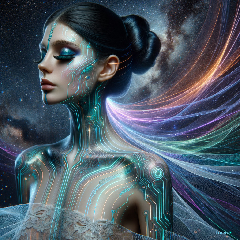 Futuristic Woman with Glowing Circuitry in Cosmic Scene