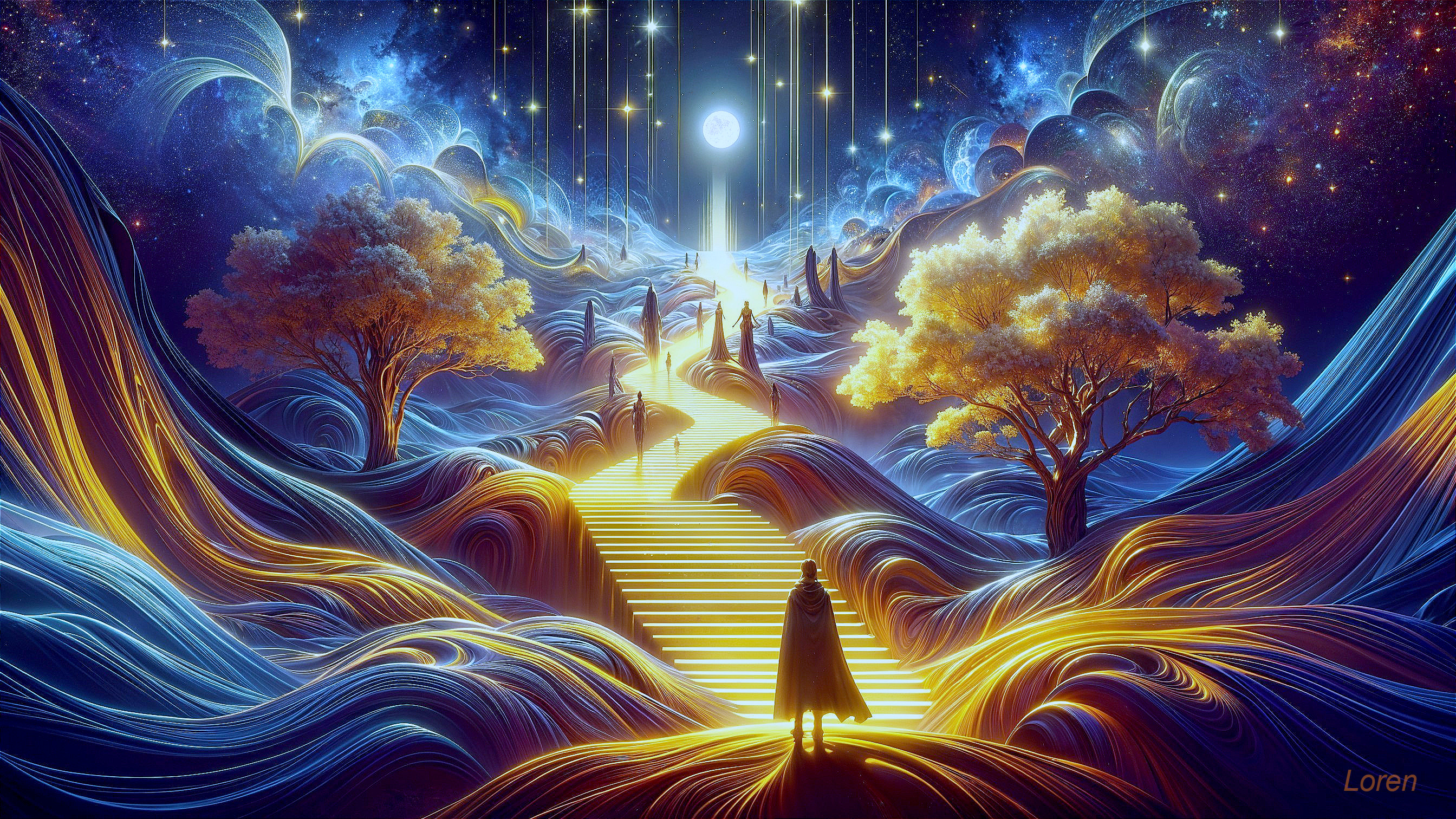 Surreal Landscape with Golden Staircase and Ethereal Trees