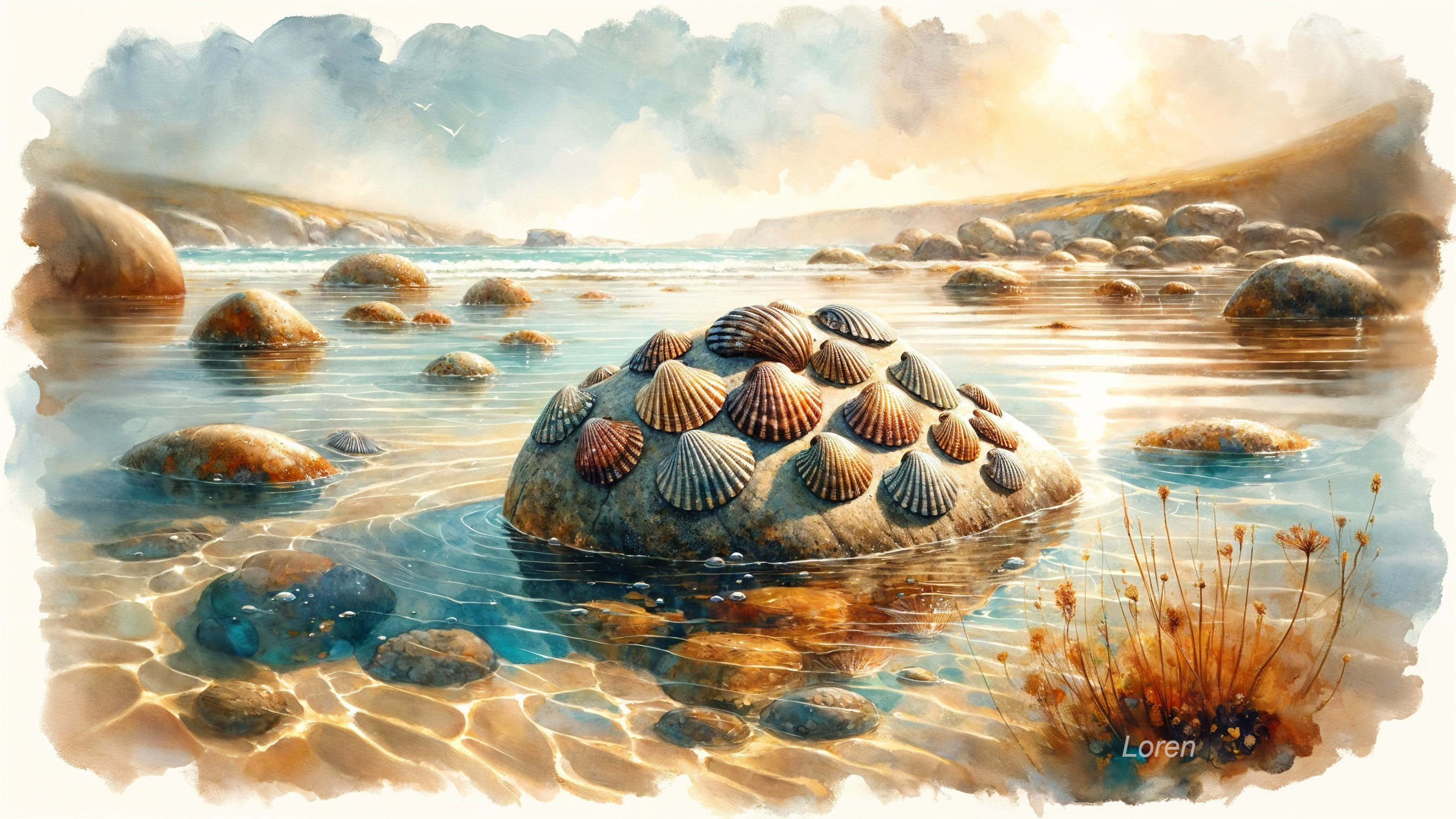 Serene Coastal Scene with Rocks and Seashells