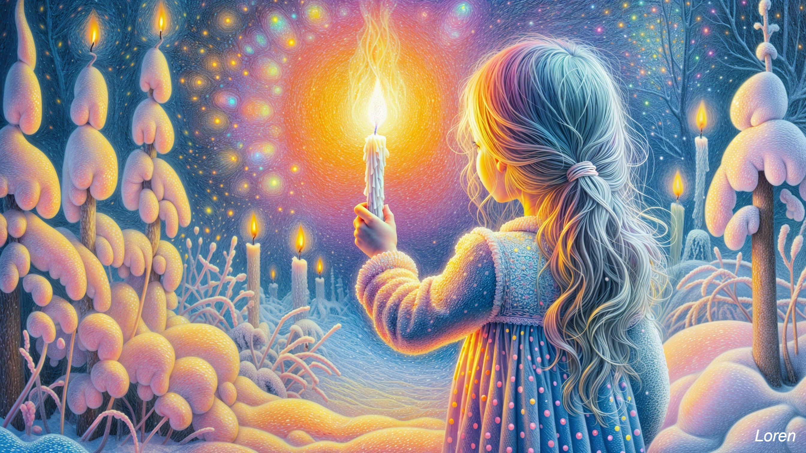 Young girl with candle in a vibrant winter landscape