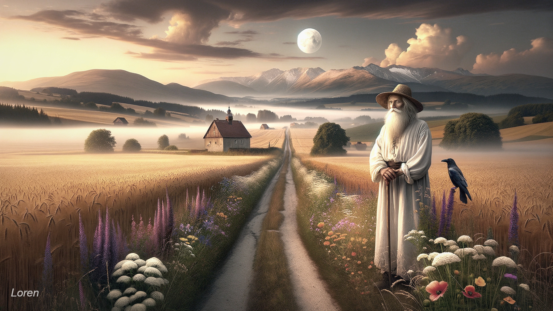 Elderly Figure in Serene Landscape with Vibrant Flowers