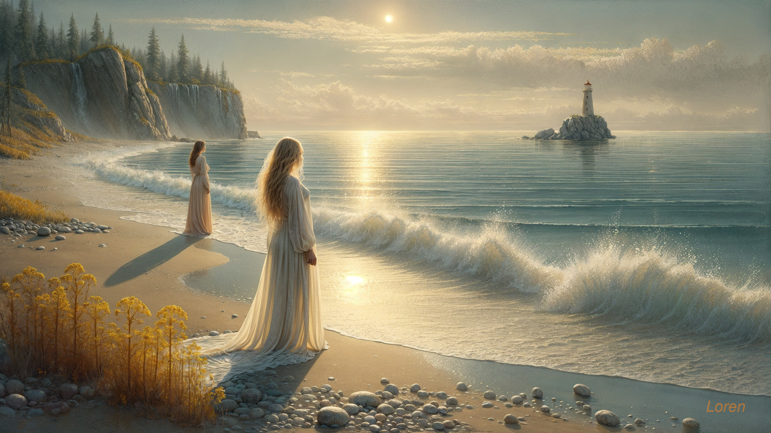 Serene Seaside Landscape with Women and Lighthouse