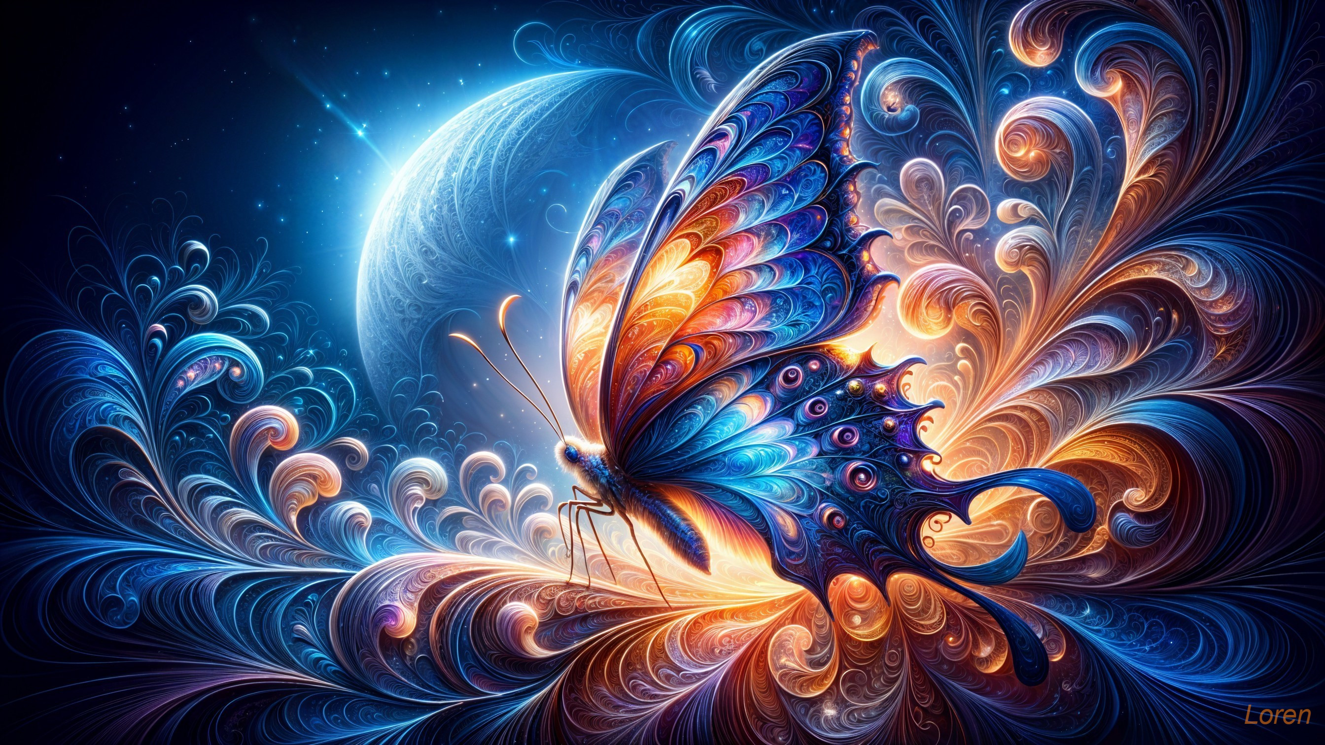 Colorful Butterfly with Cosmic Background and Patterns