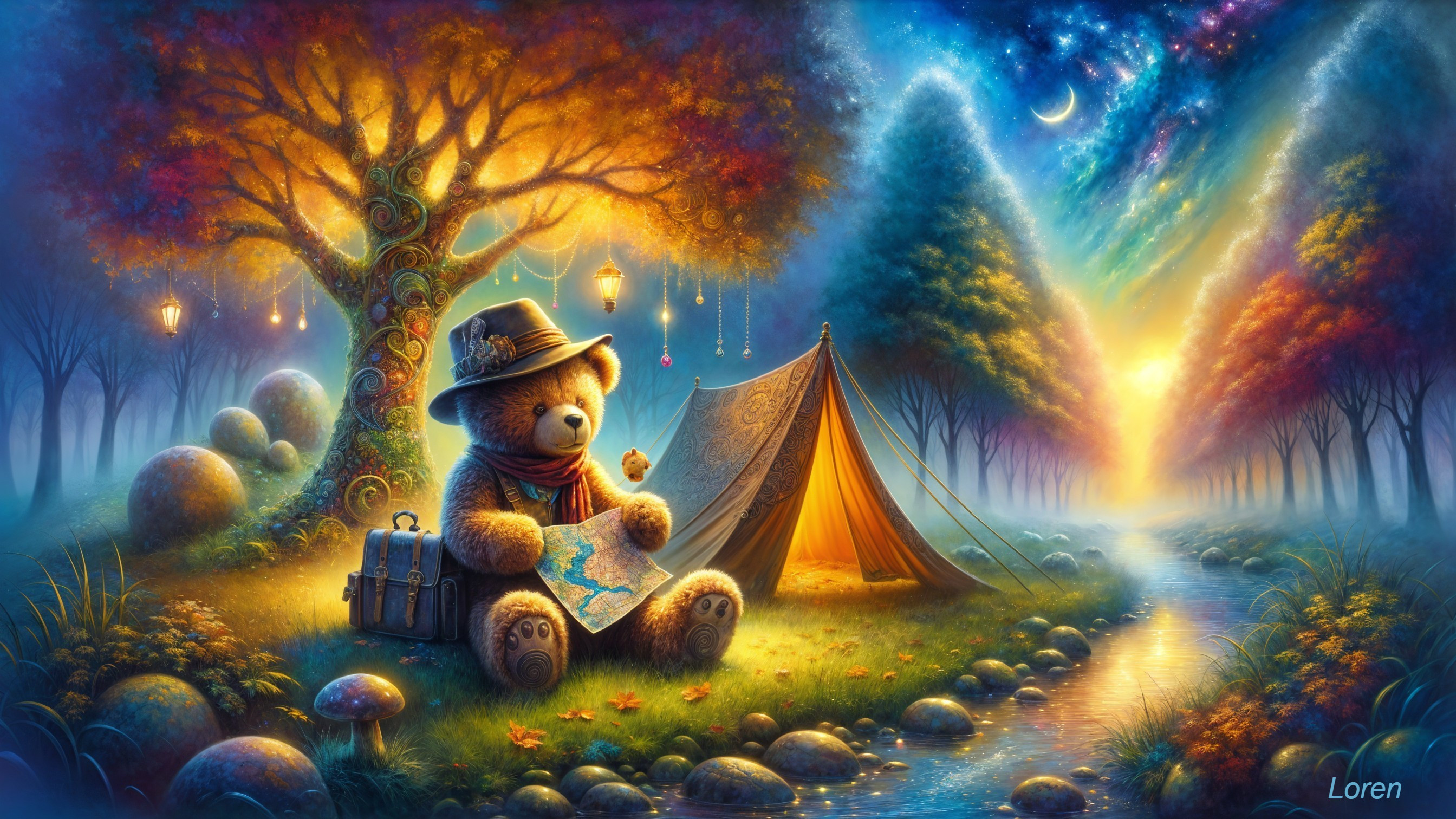 Whimsical Bear Scene Under Starlit Sky and Tent