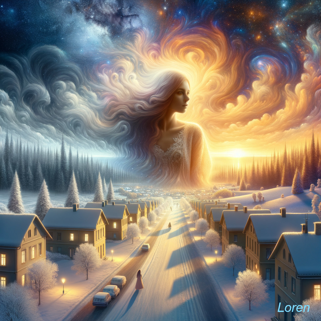 Serene Winter Landscape with Mystical Figure and Hues