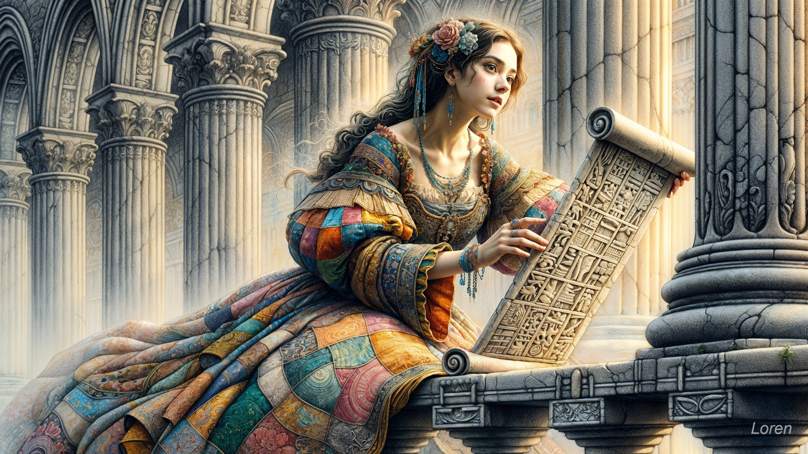 Young woman in patterned gown in ancient setting