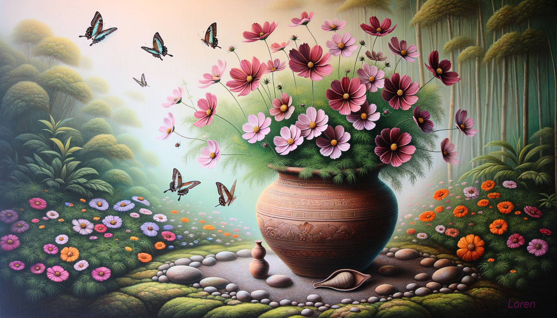 Vibrant Still Life of Cosmos Flowers and Butterflies