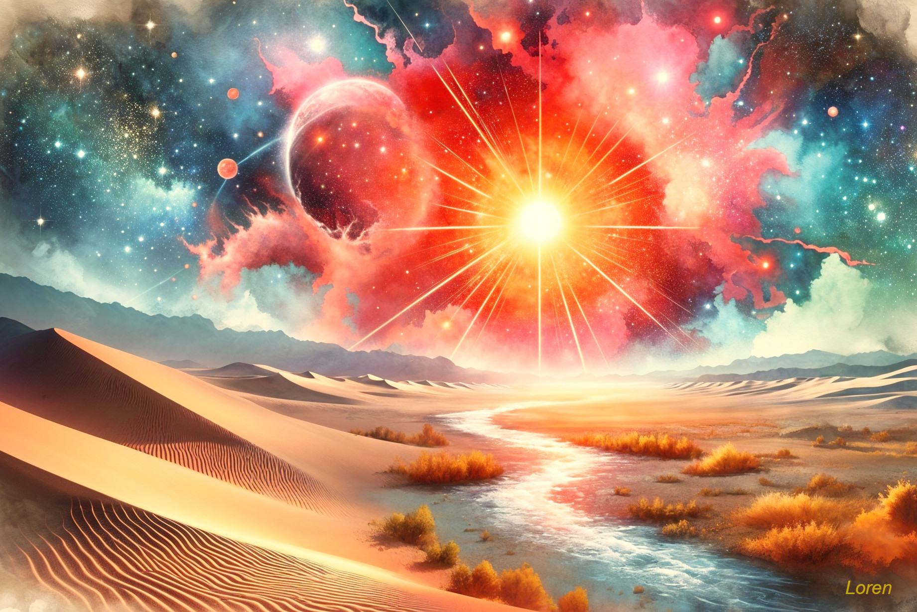 Vibrant Cosmic Landscape with Nebulas and Dunes