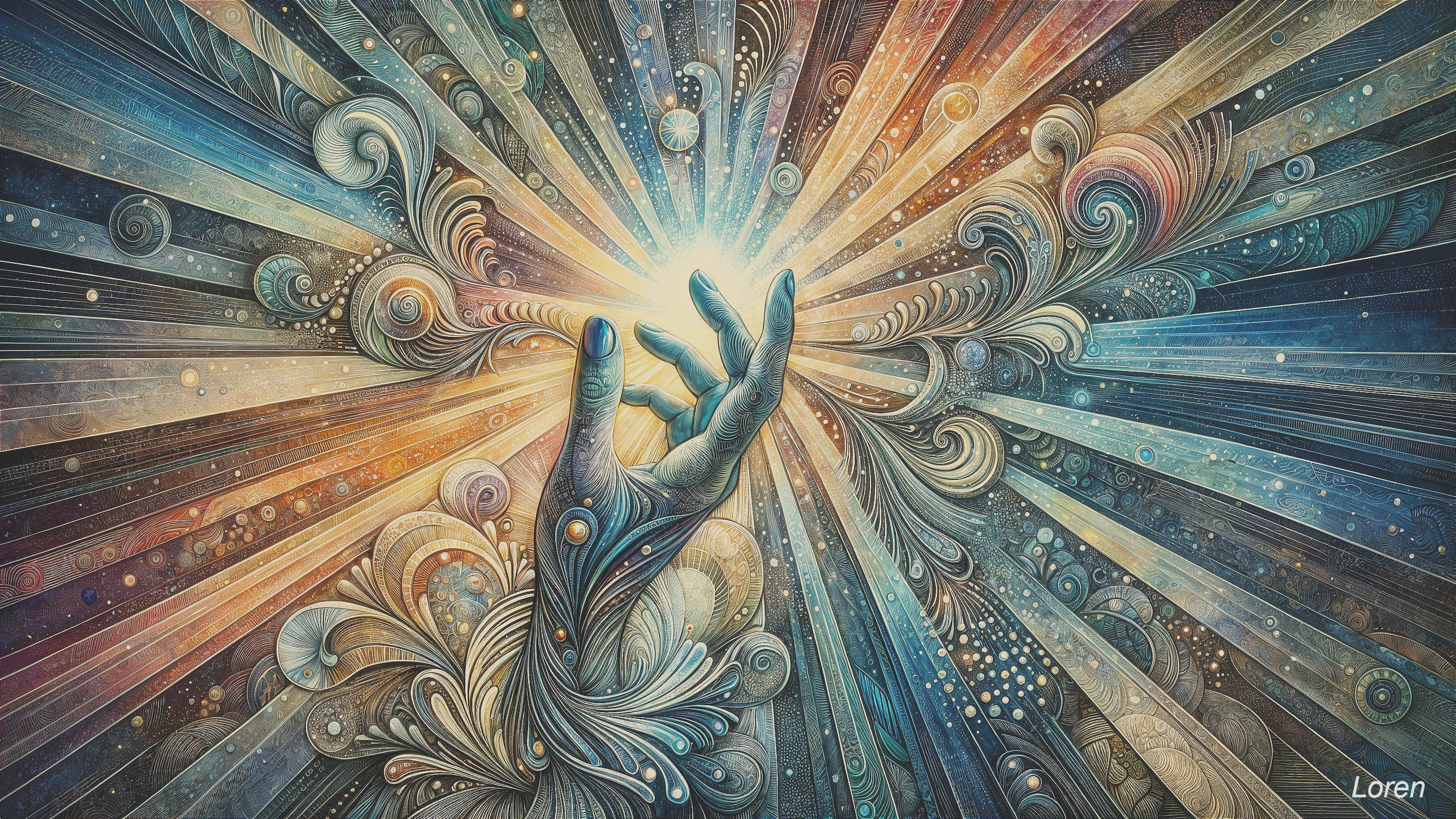 Stylized Hand Surrounded by Colorful Swirls and Light