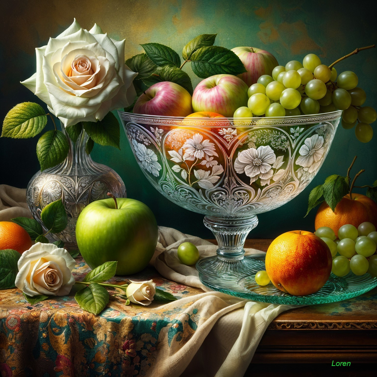 Still Life with Apples, Grapes, and White Rose