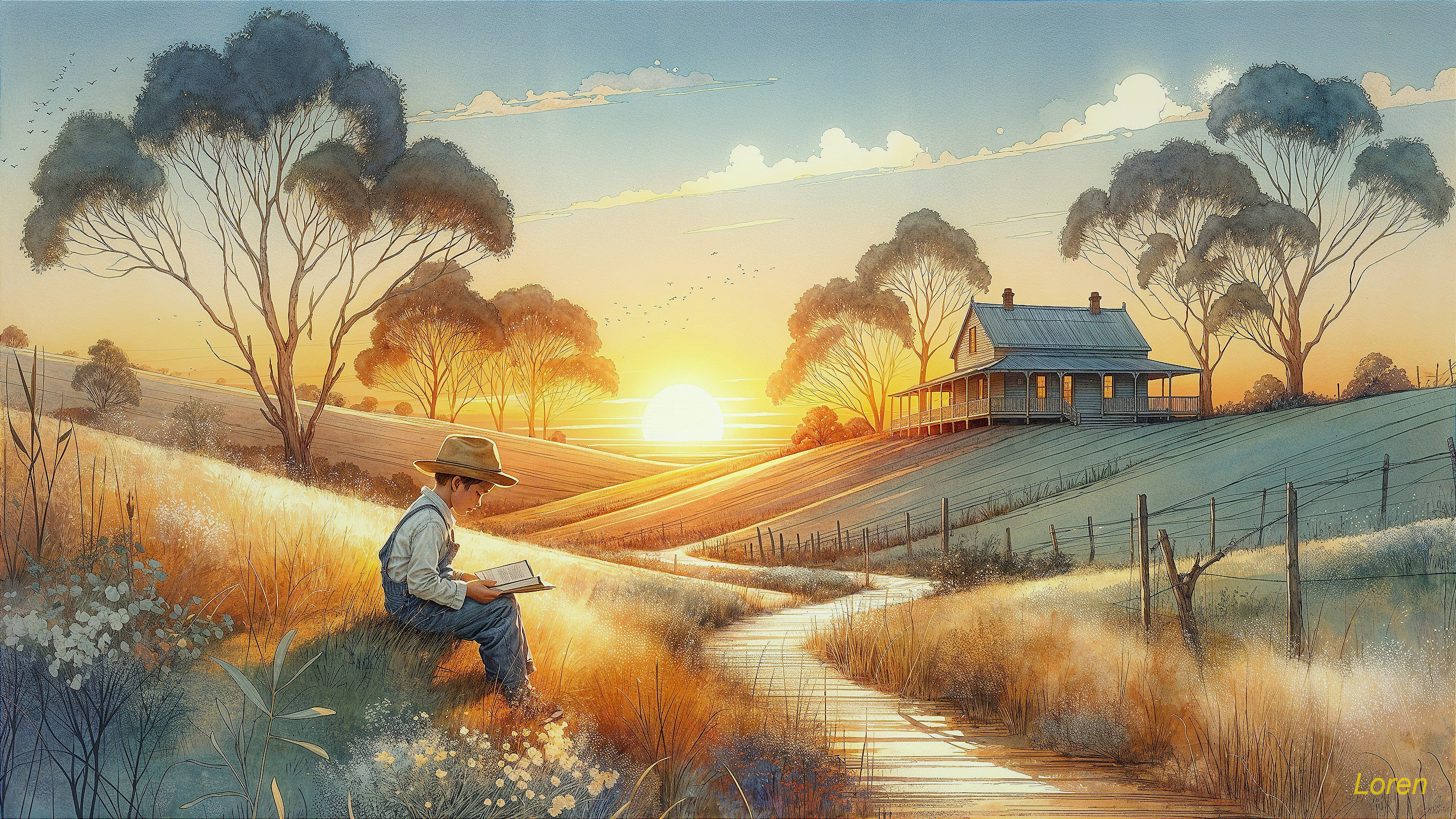 Serene Sunset Over Tranquil Landscape with Boy Reading