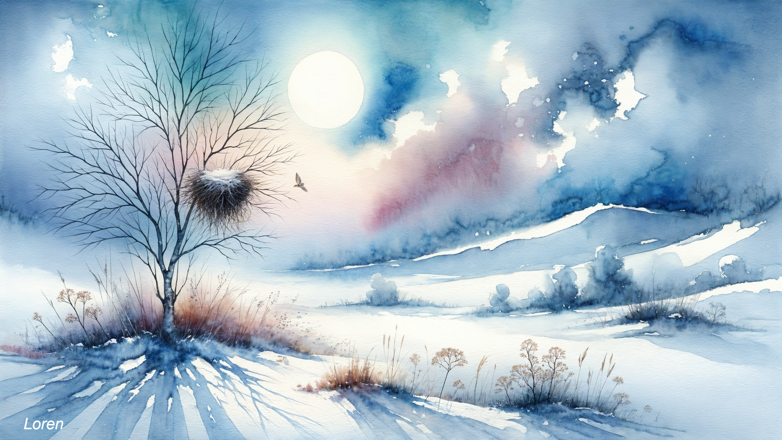 Serene Winter Landscape with Moonlit Snow and Tree