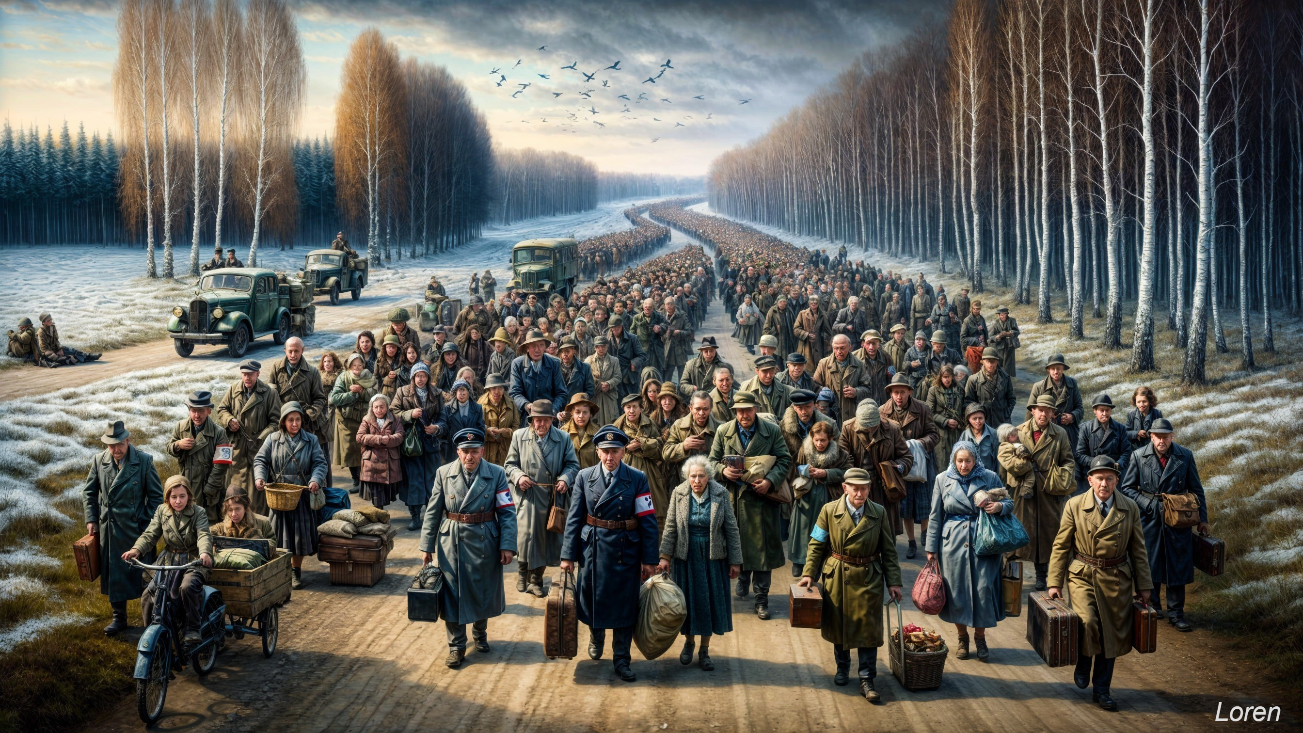 Crowd Walking on Snowy Road with Military Vehicles