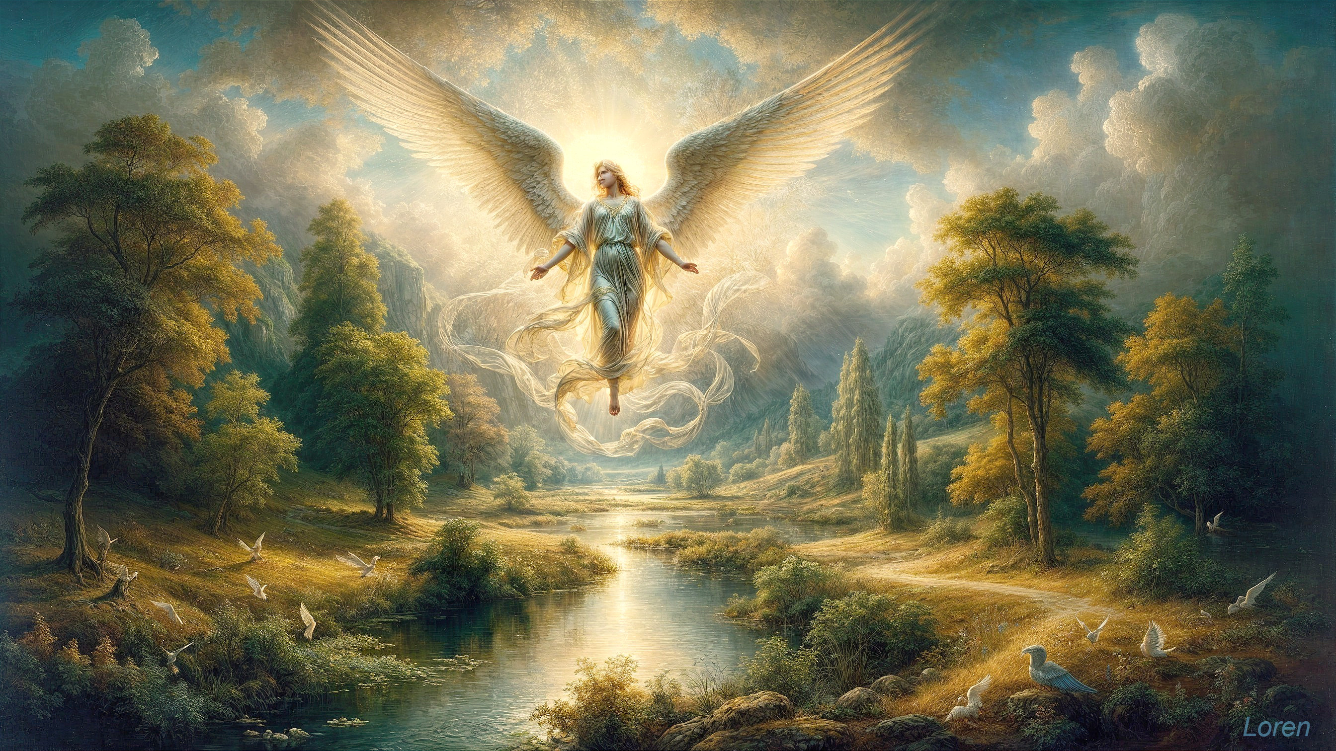 Celestial Figure with Wings Above Serene Landscape