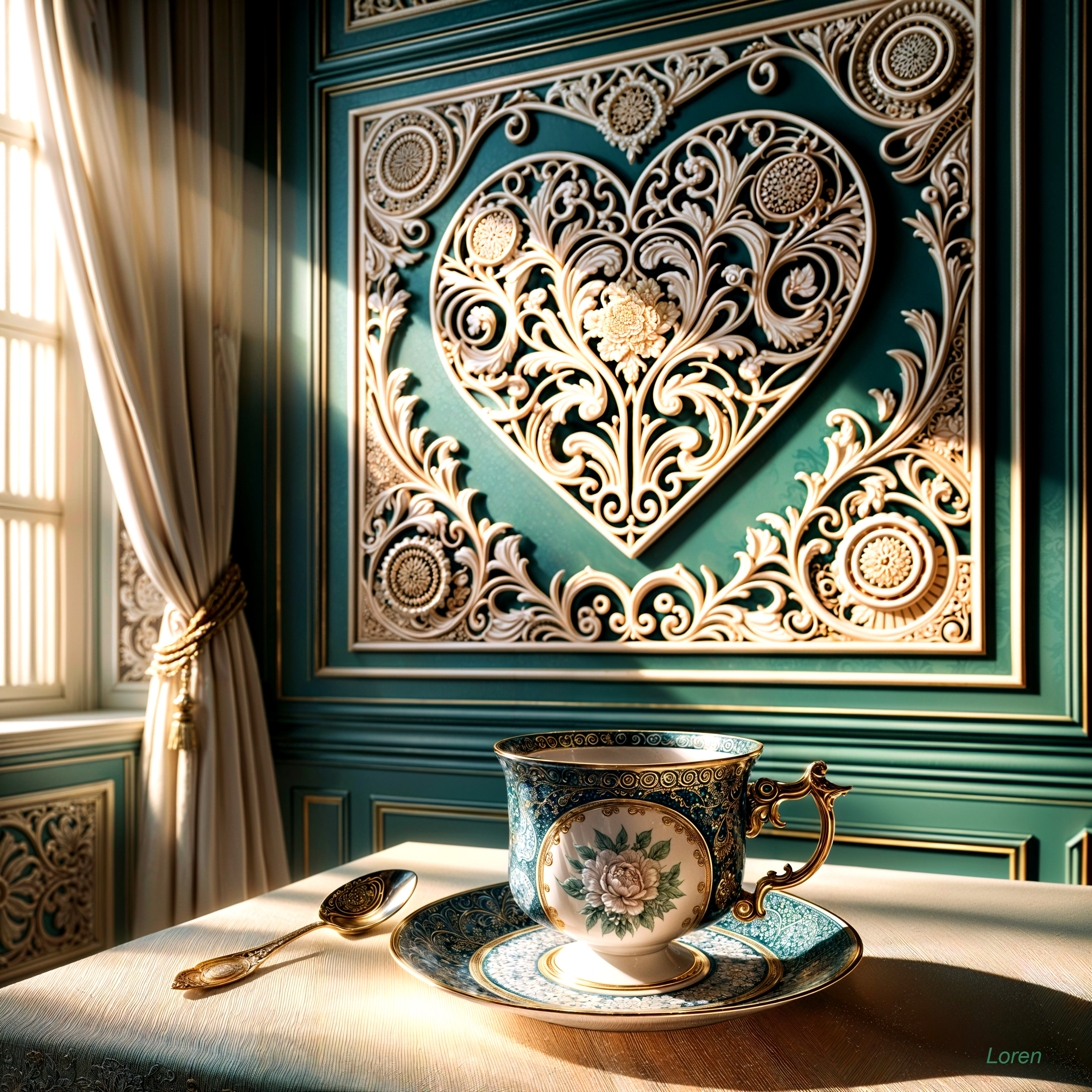 Styled Room with Heart Motif and Elegant Teacup