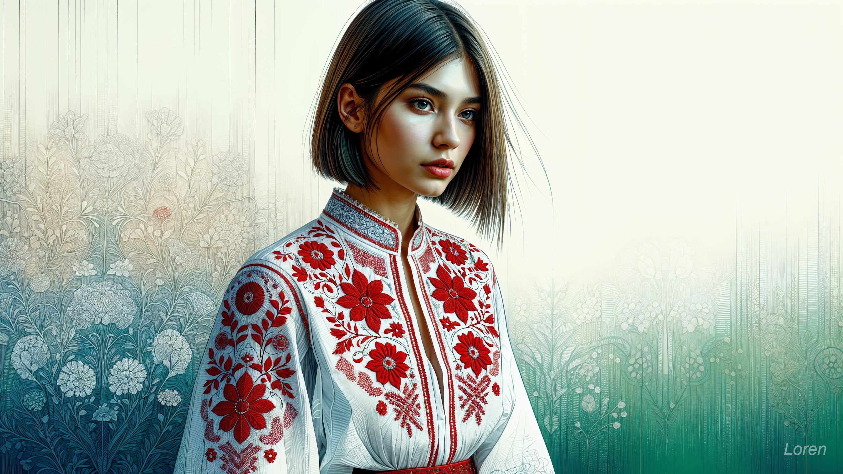 Young Woman in Traditional Embroidered Blouse