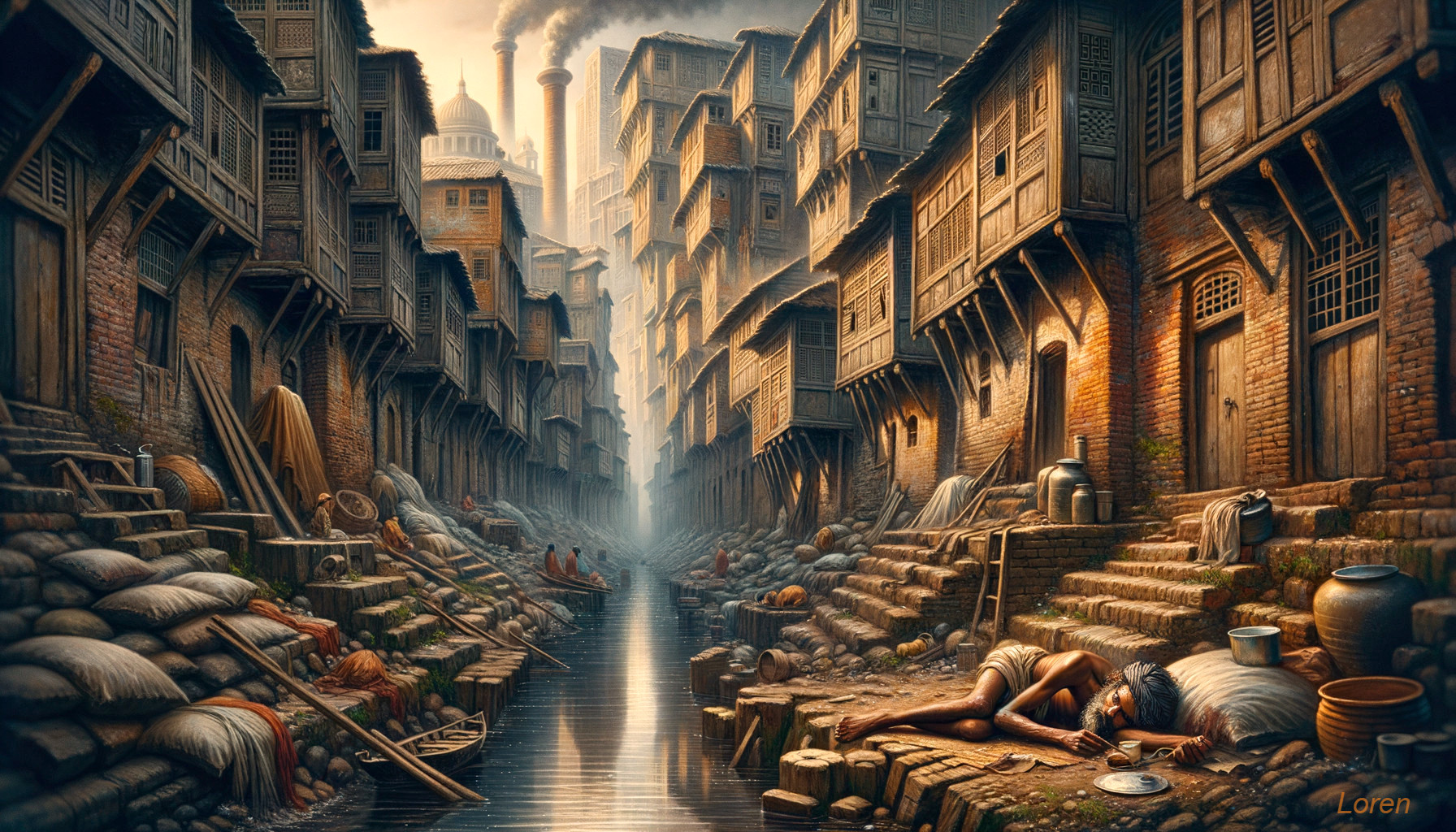 Narrow Street with Weathered Buildings and Waterway