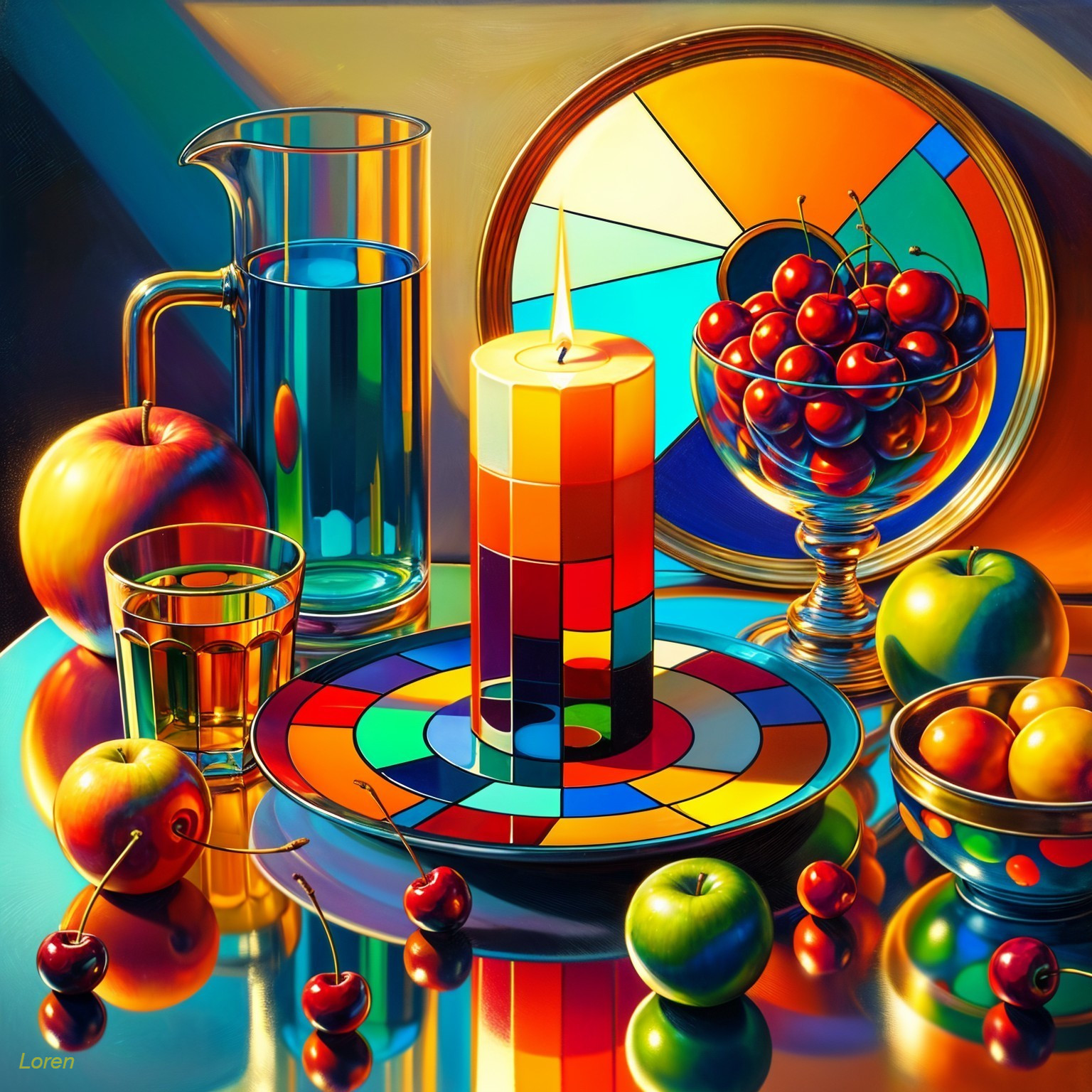 Vibrant Still Life with Candle and Colorful Fruits